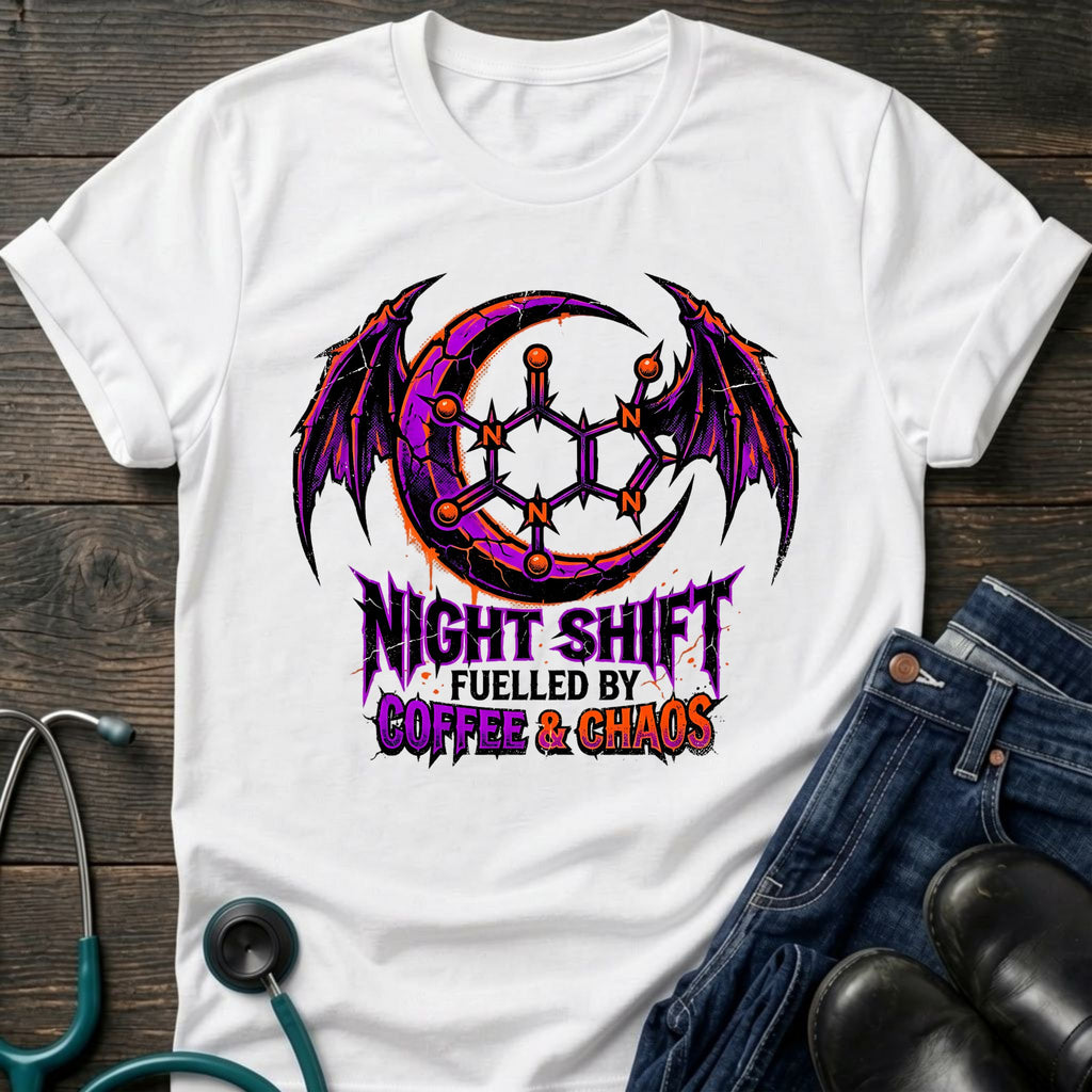 Fueled by Caffeine and Chaos Night Shift Gothic Coffee Tee