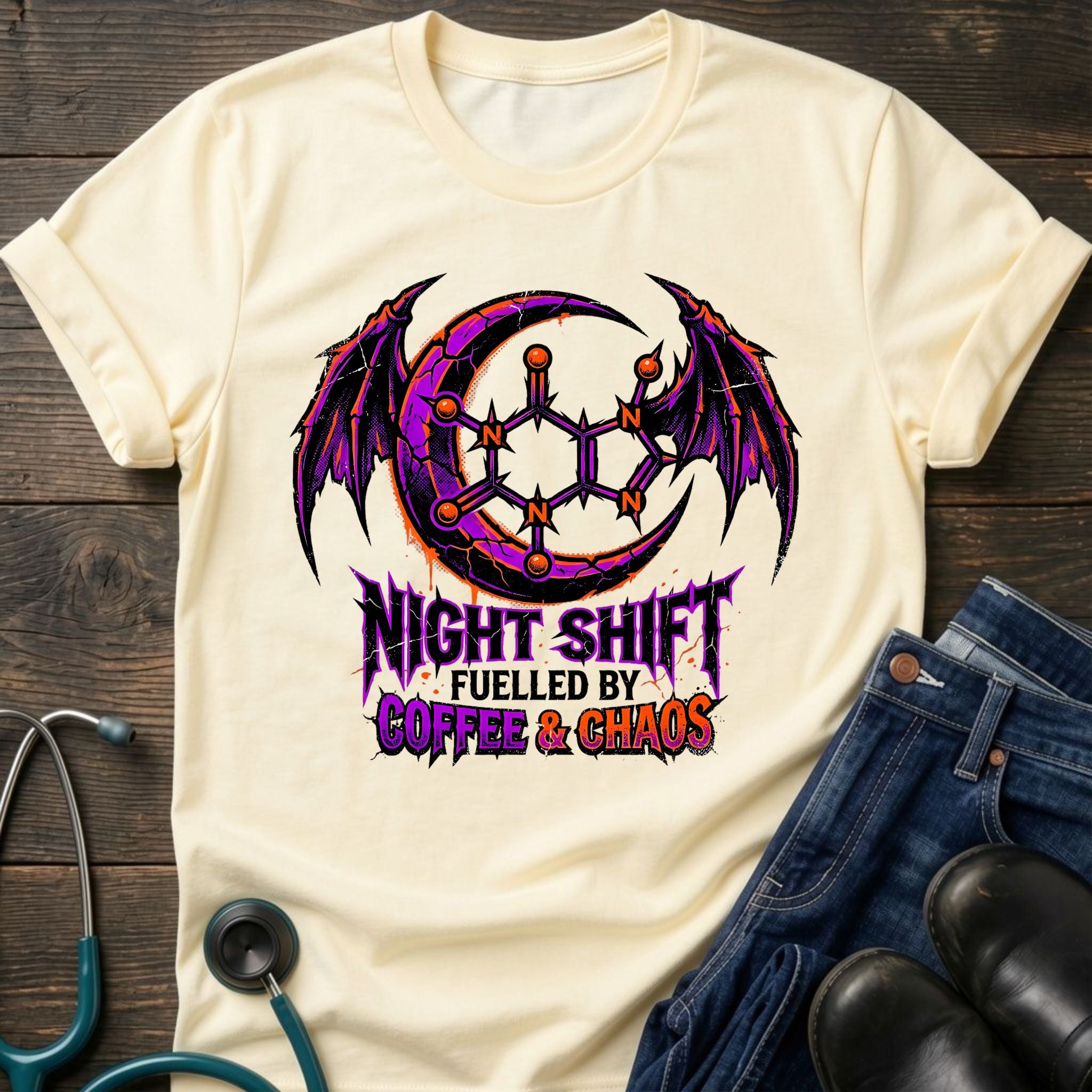 Fueled by Caffeine and Chaos Night Shift Gothic Coffee Tee