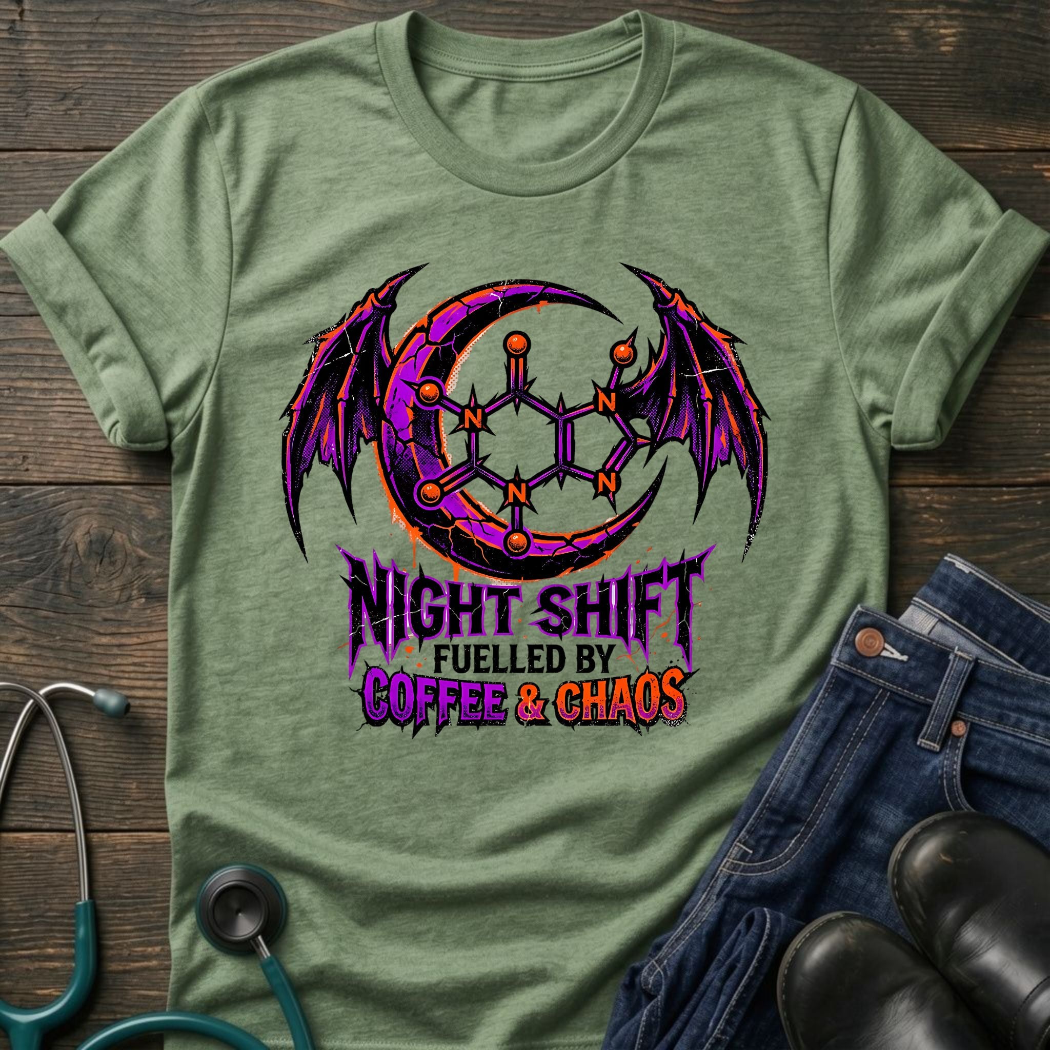 Fueled by Caffeine and Chaos Night Shift Gothic Coffee Tee