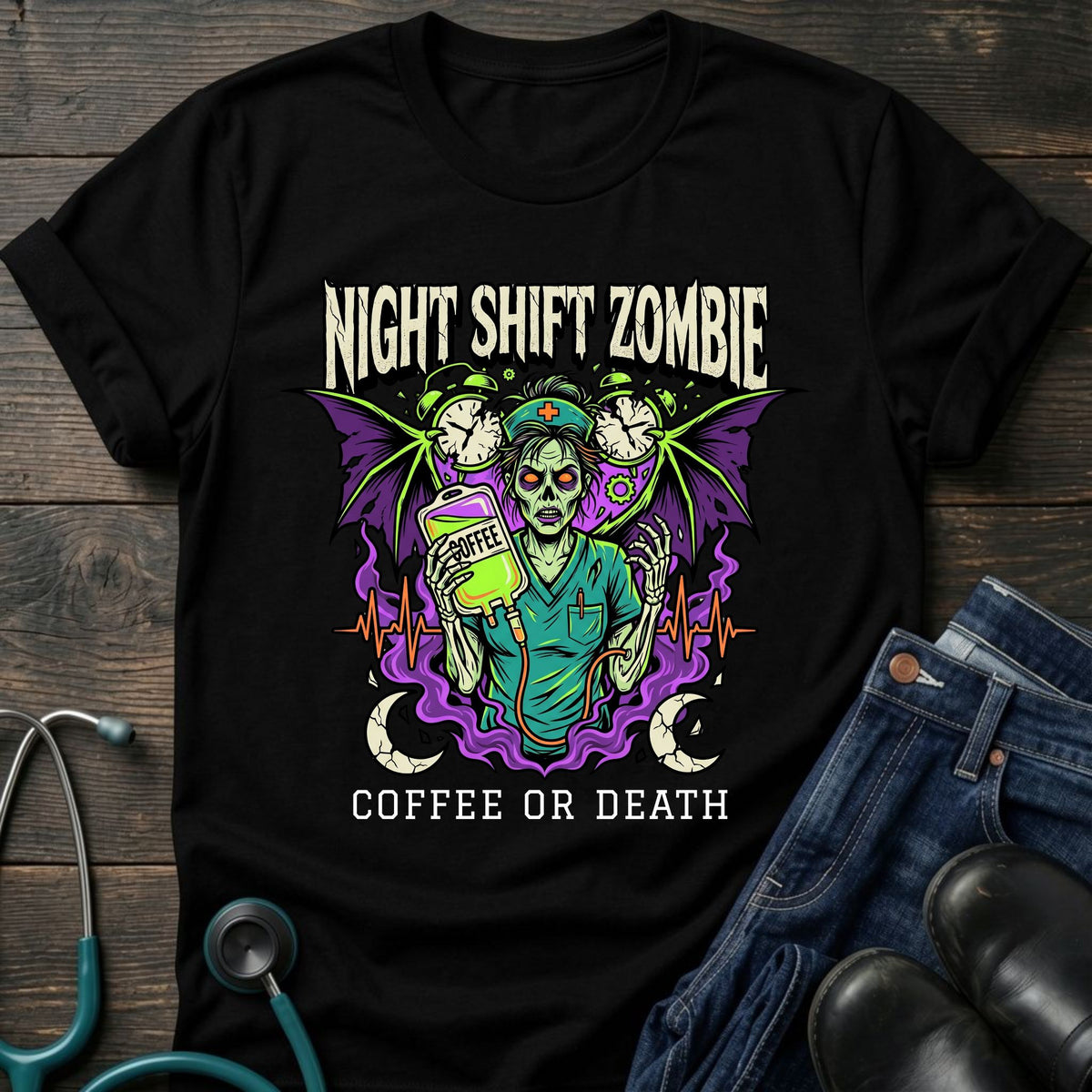 Coffee or Death Night Shift Zombie Goth Nurse Tee