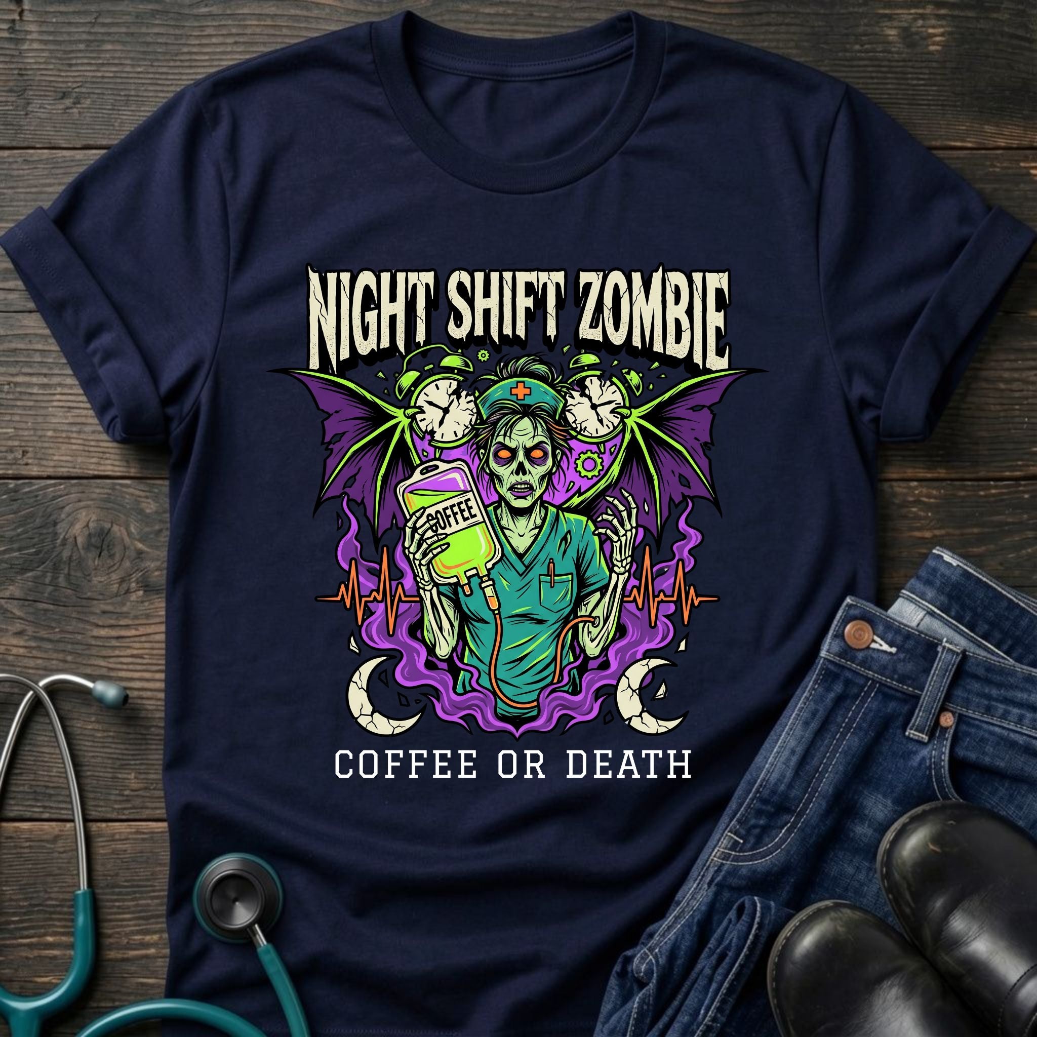 Coffee or Death Night Shift Zombie Goth Nurse Tee