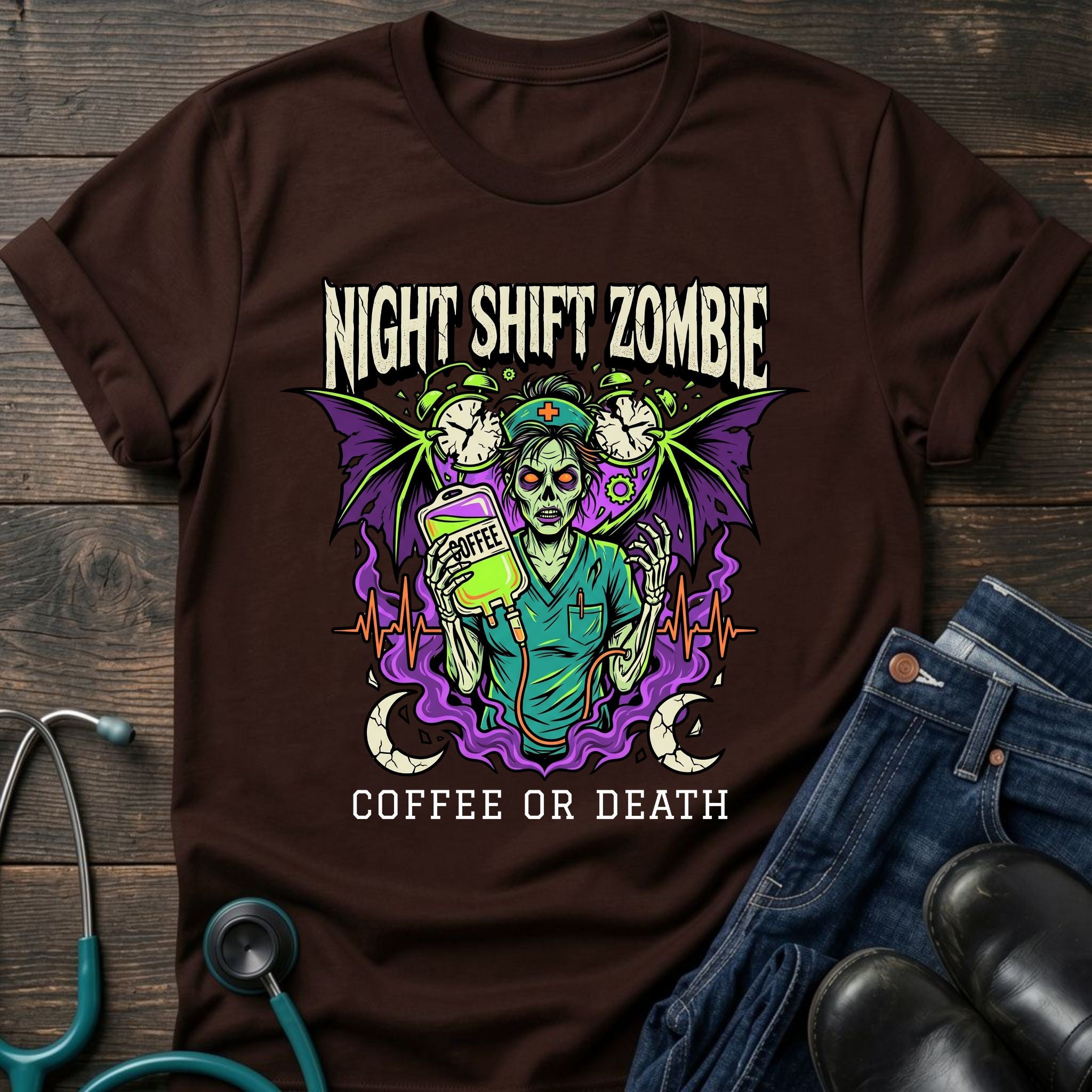 Coffee or Death Night Shift Zombie Goth Nurse Tee