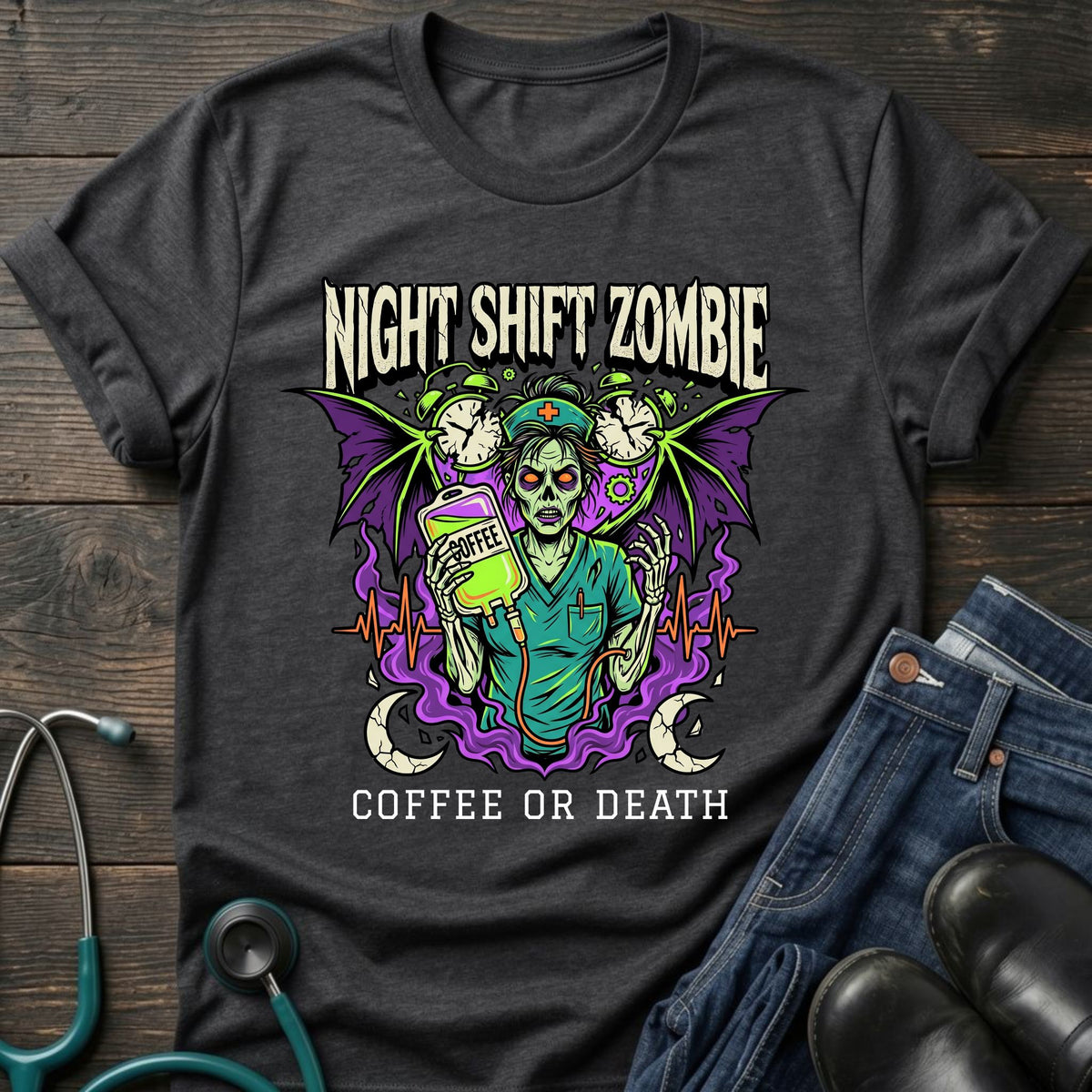 Coffee or Death Night Shift Zombie Goth Nurse Tee