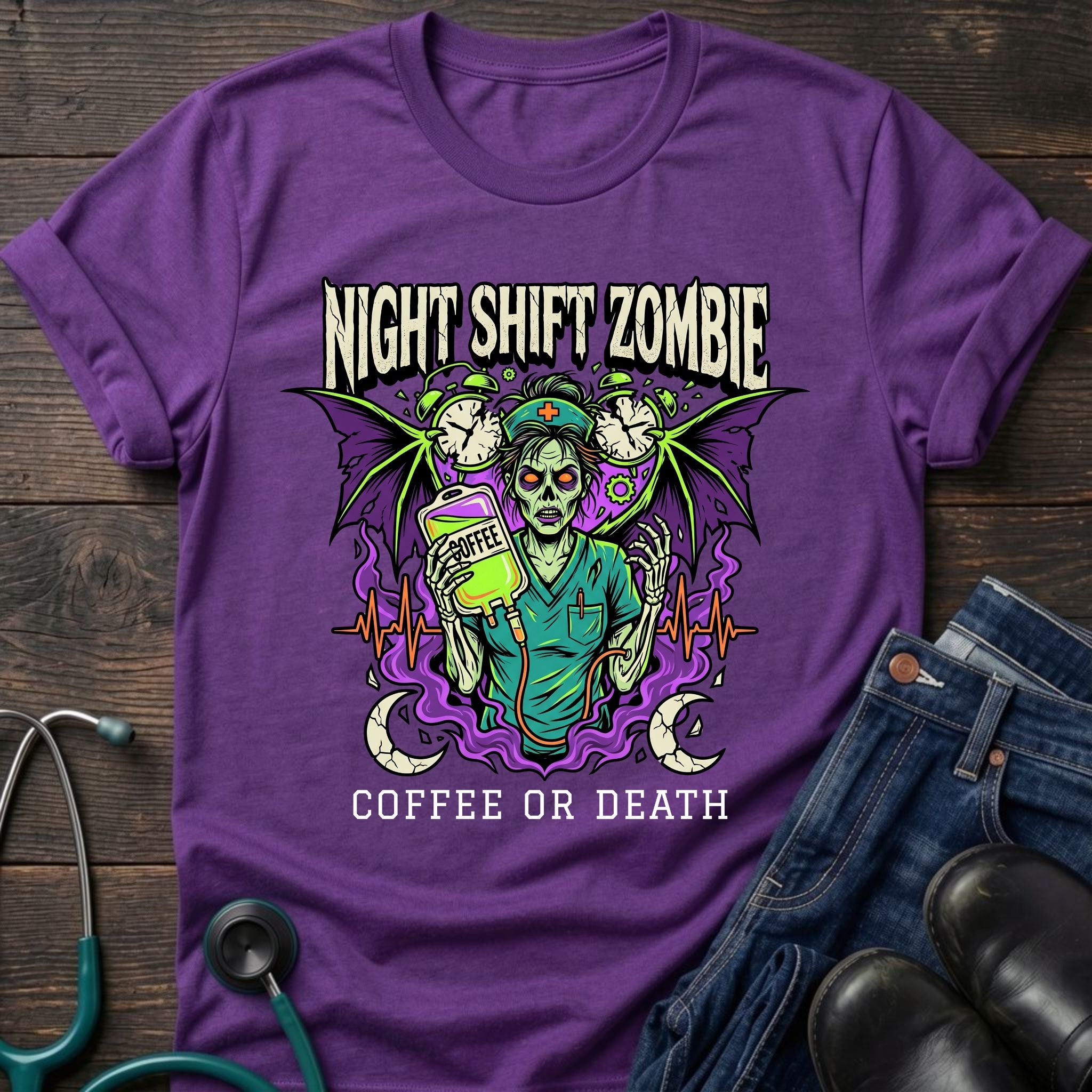 Coffee or Death Night Shift Zombie Goth Nurse Tee