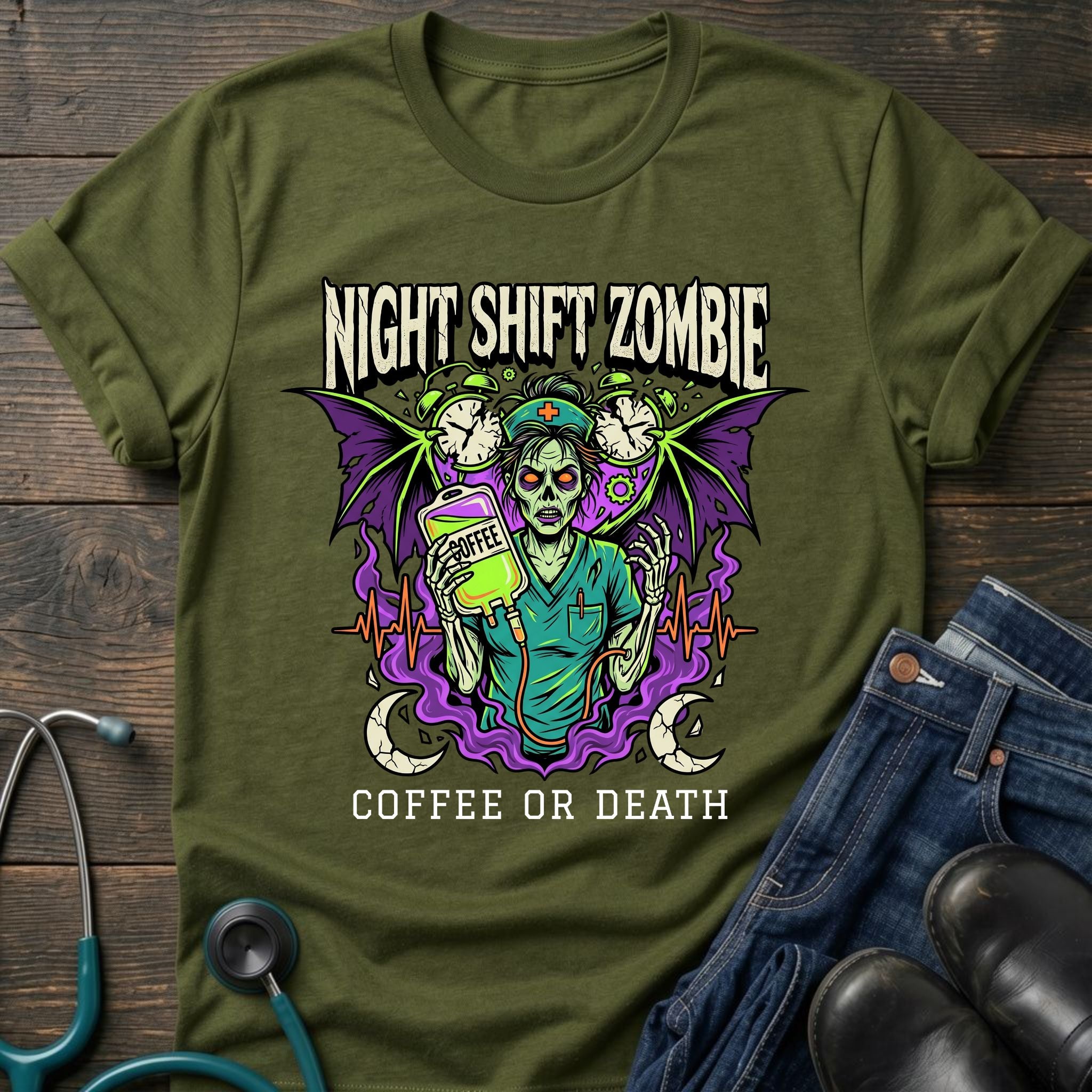 Coffee or Death Night Shift Zombie Goth Nurse Tee
