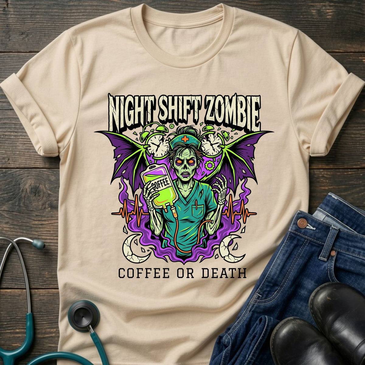Coffee or Death Night Shift Zombie Goth Nurse Tee