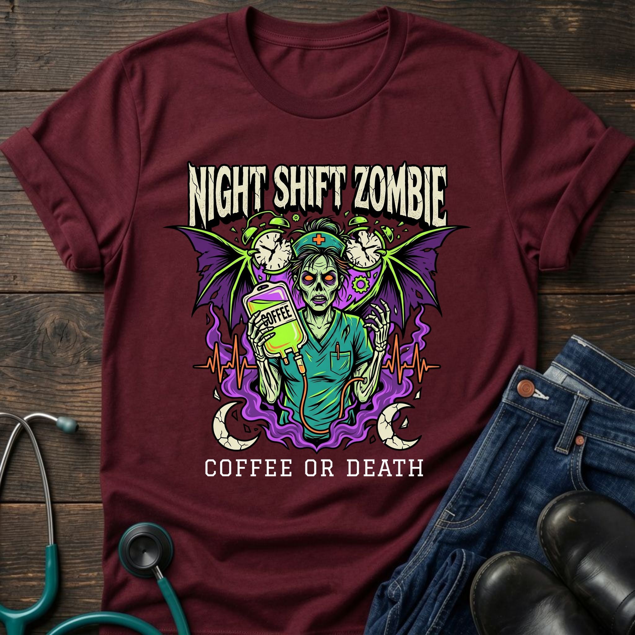Coffee or Death Night Shift Zombie Goth Nurse Tee