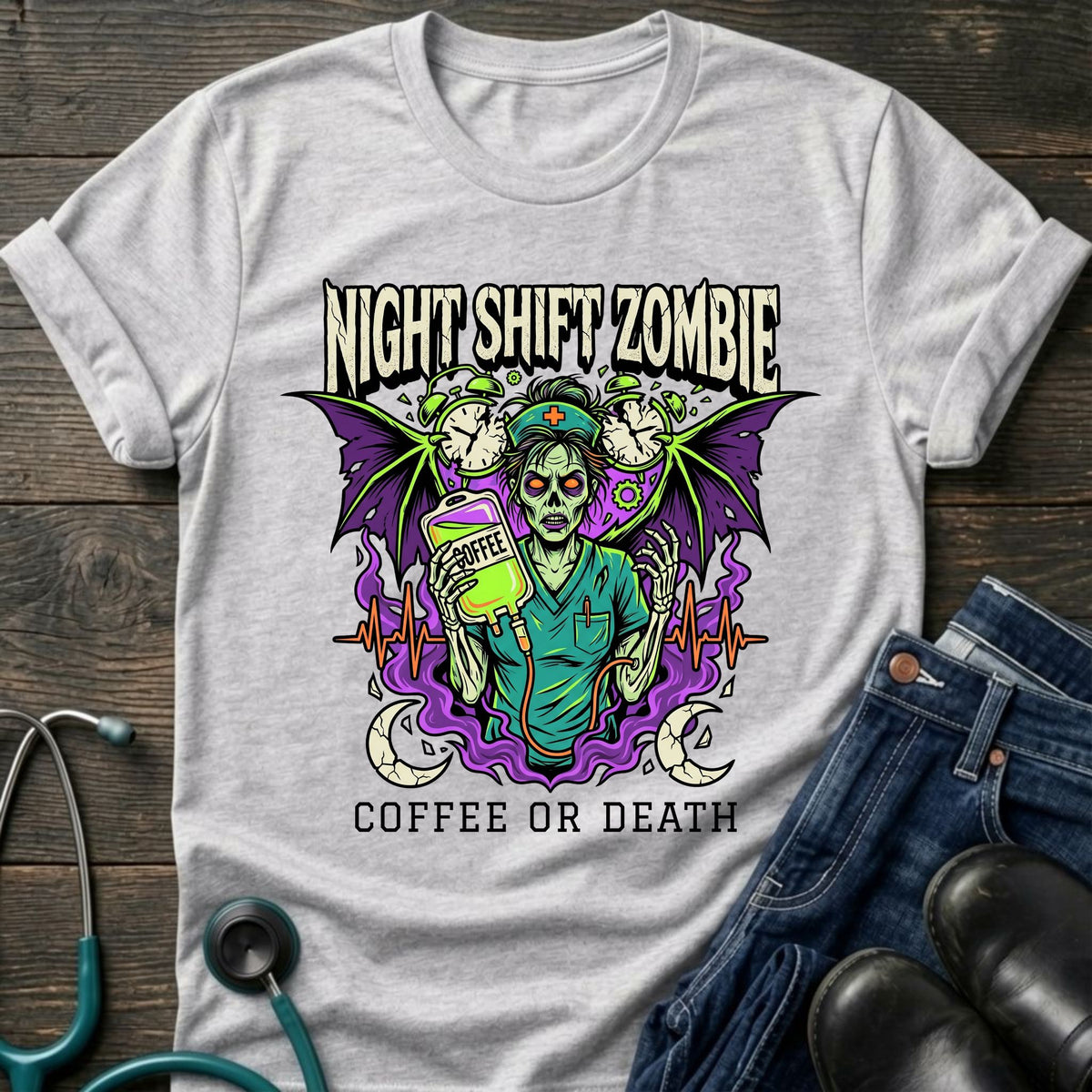 Coffee or Death Night Shift Zombie Goth Nurse Tee