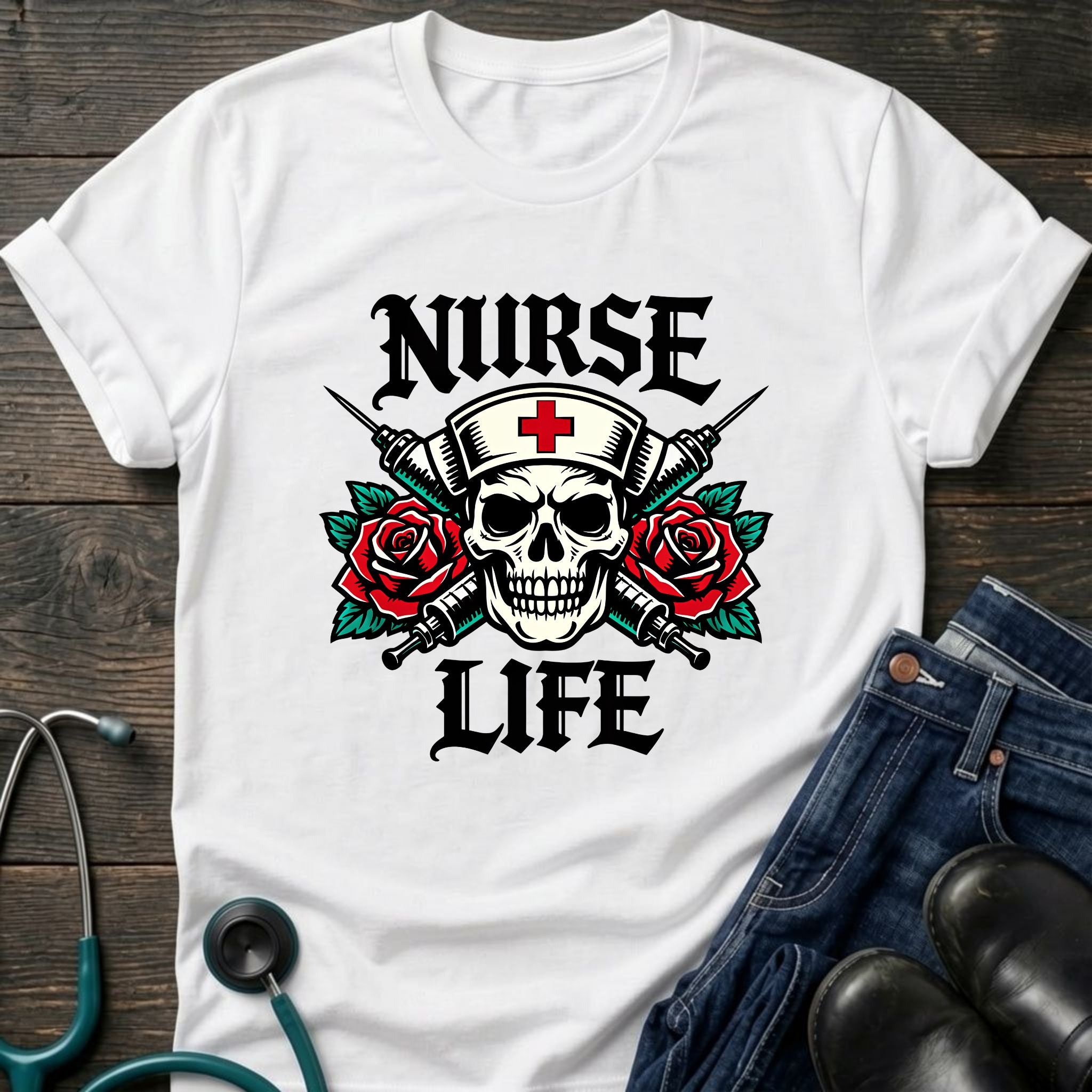 Nurse Life Skull and Roses Gothic Nurse Tee