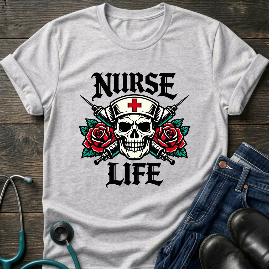 Nurse Life Skull and Roses Gothic Nurse Tee