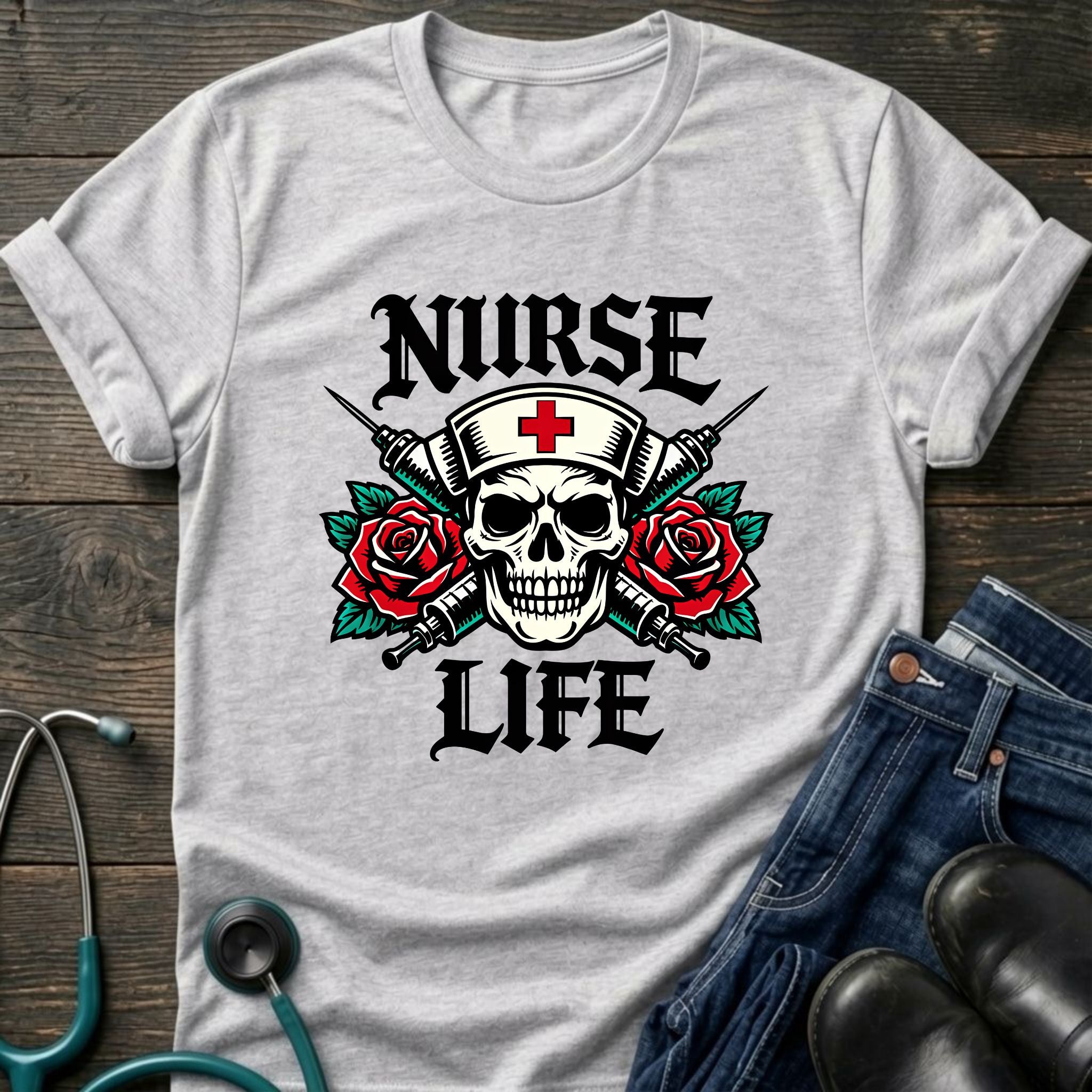 Nurse Life Skull and Roses Gothic Nurse Tee