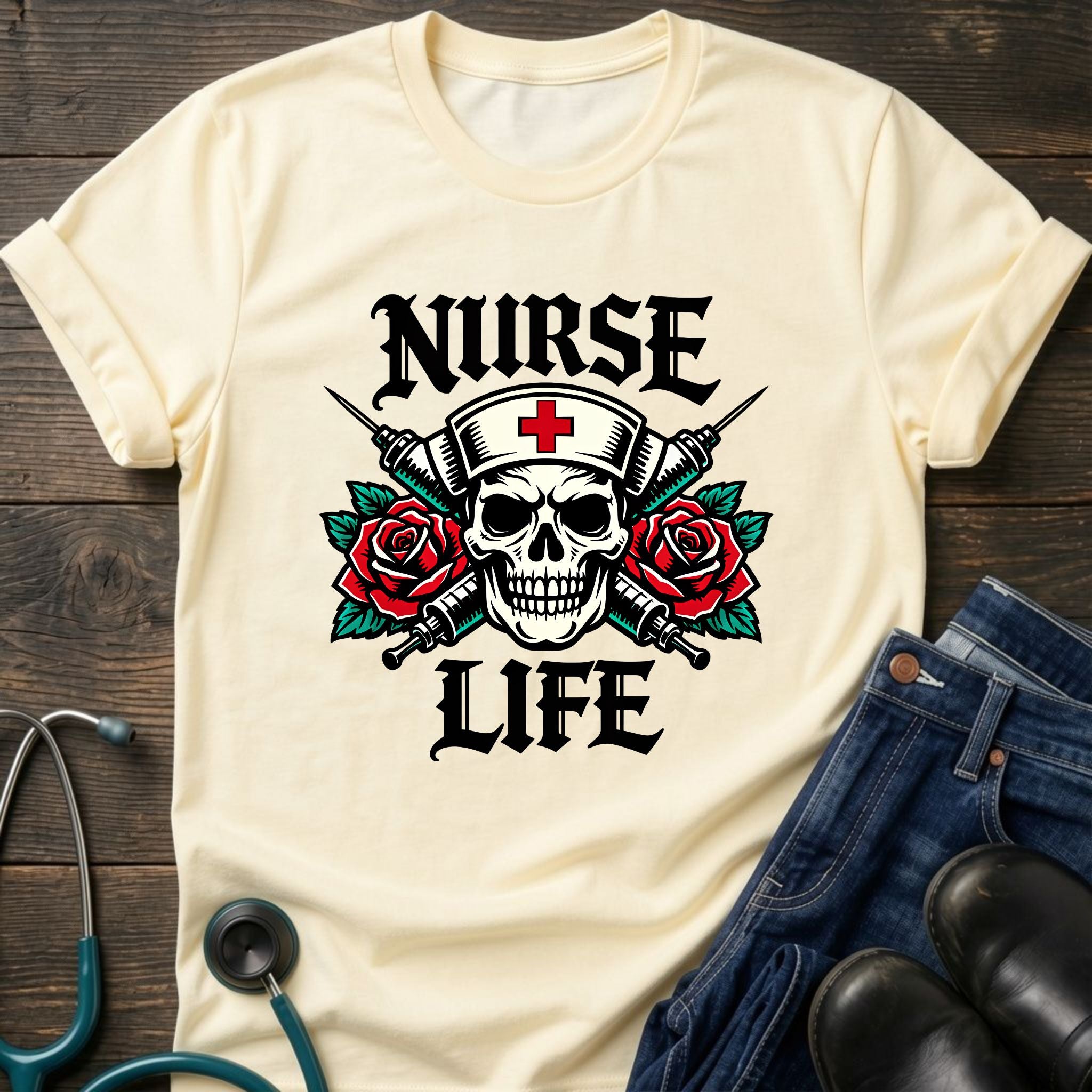 Nurse Life Skull and Roses Gothic Nurse Tee