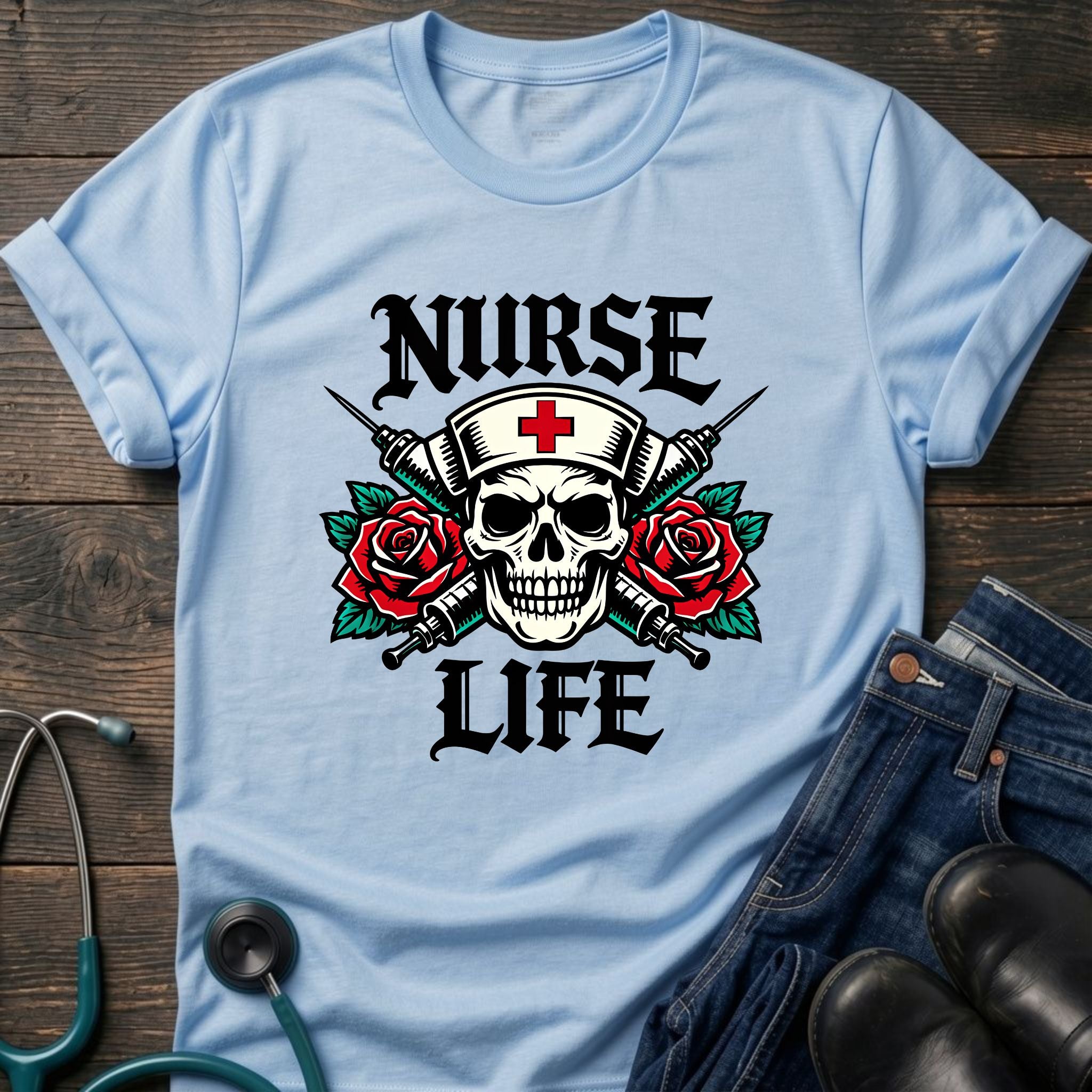 Nurse Life Skull and Roses Gothic Nurse Tee