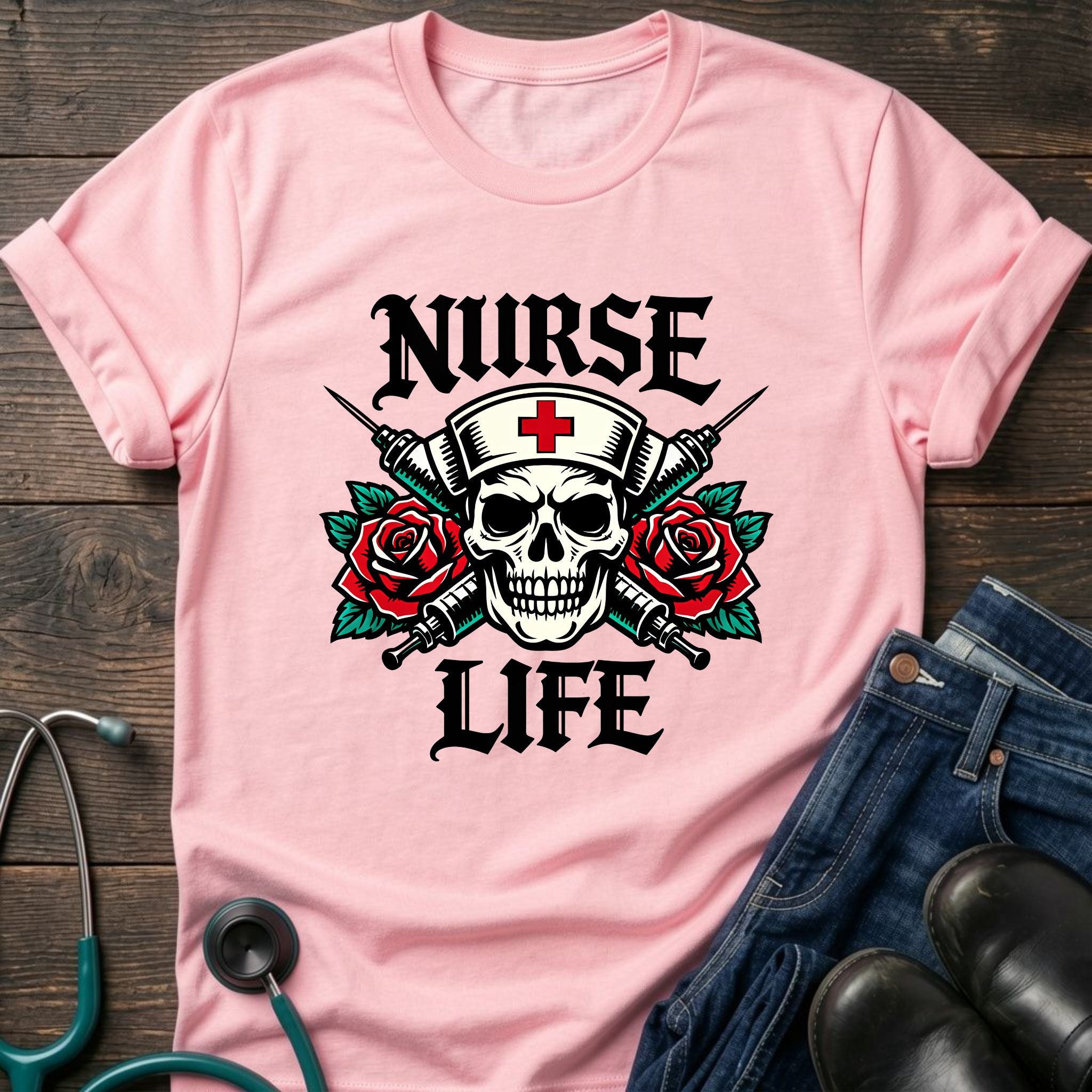 Nurse Life Skull and Roses Gothic Nurse Tee