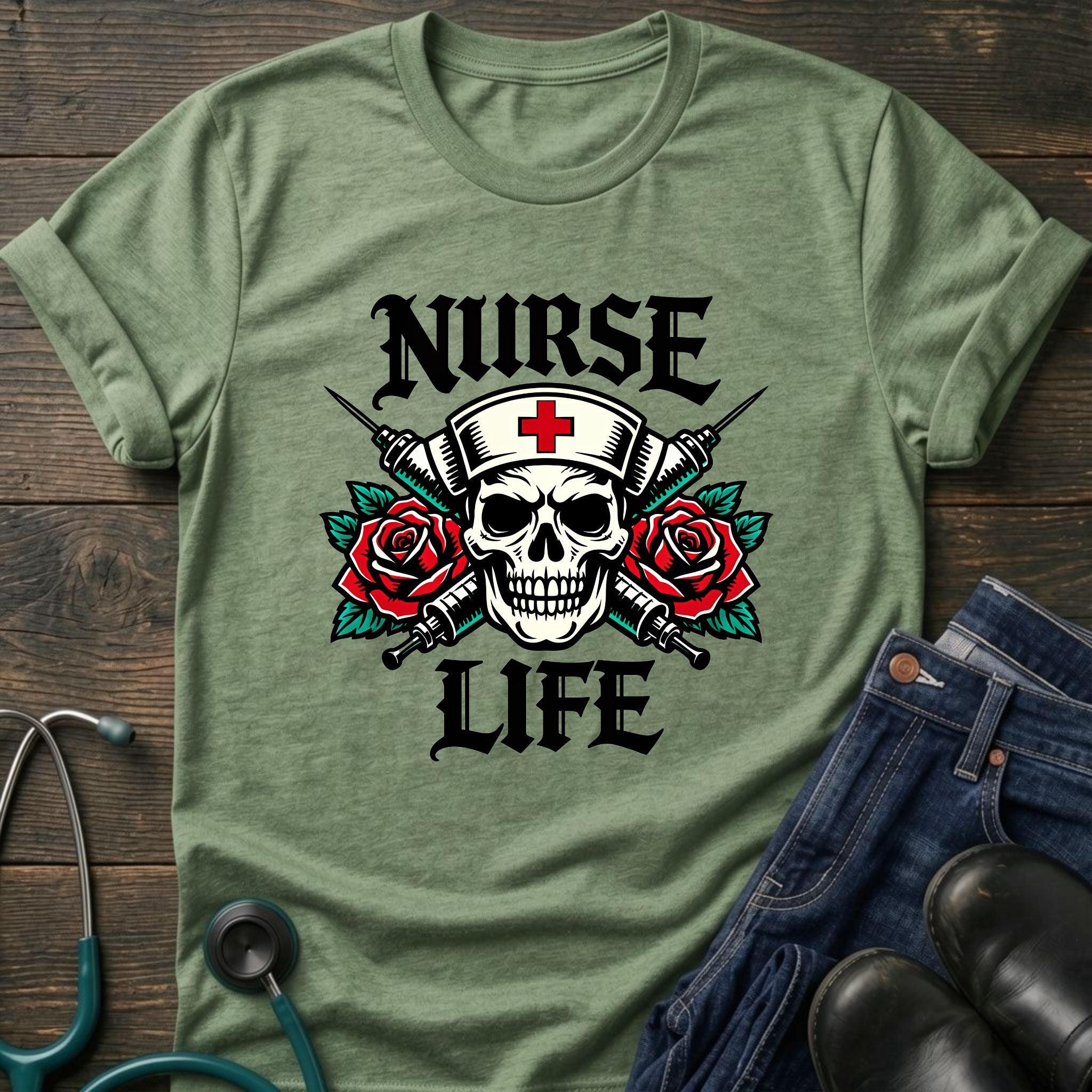 Nurse Life Skull and Roses Gothic Nurse Tee