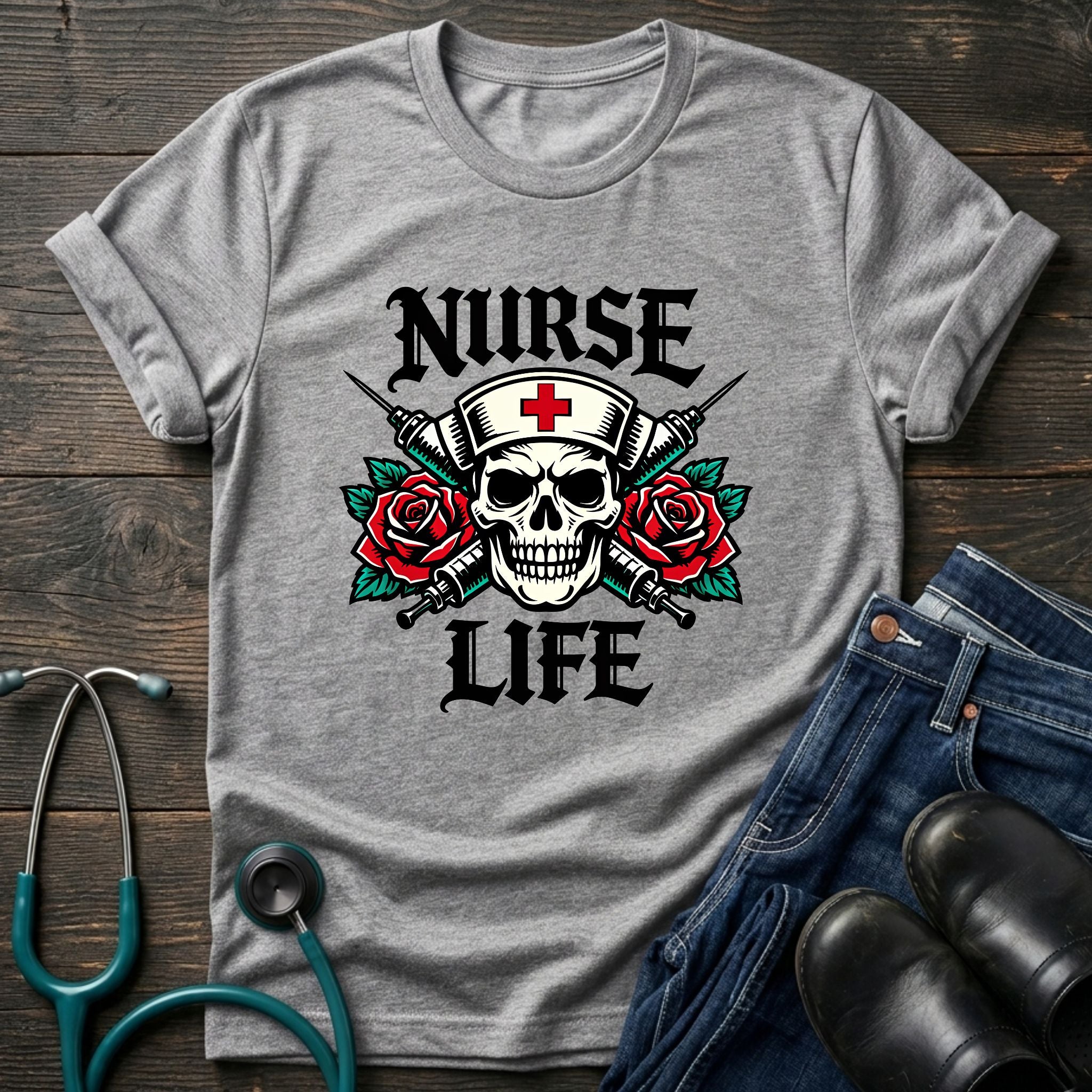 Nurse Life Skull and Roses Gothic Nurse Tee