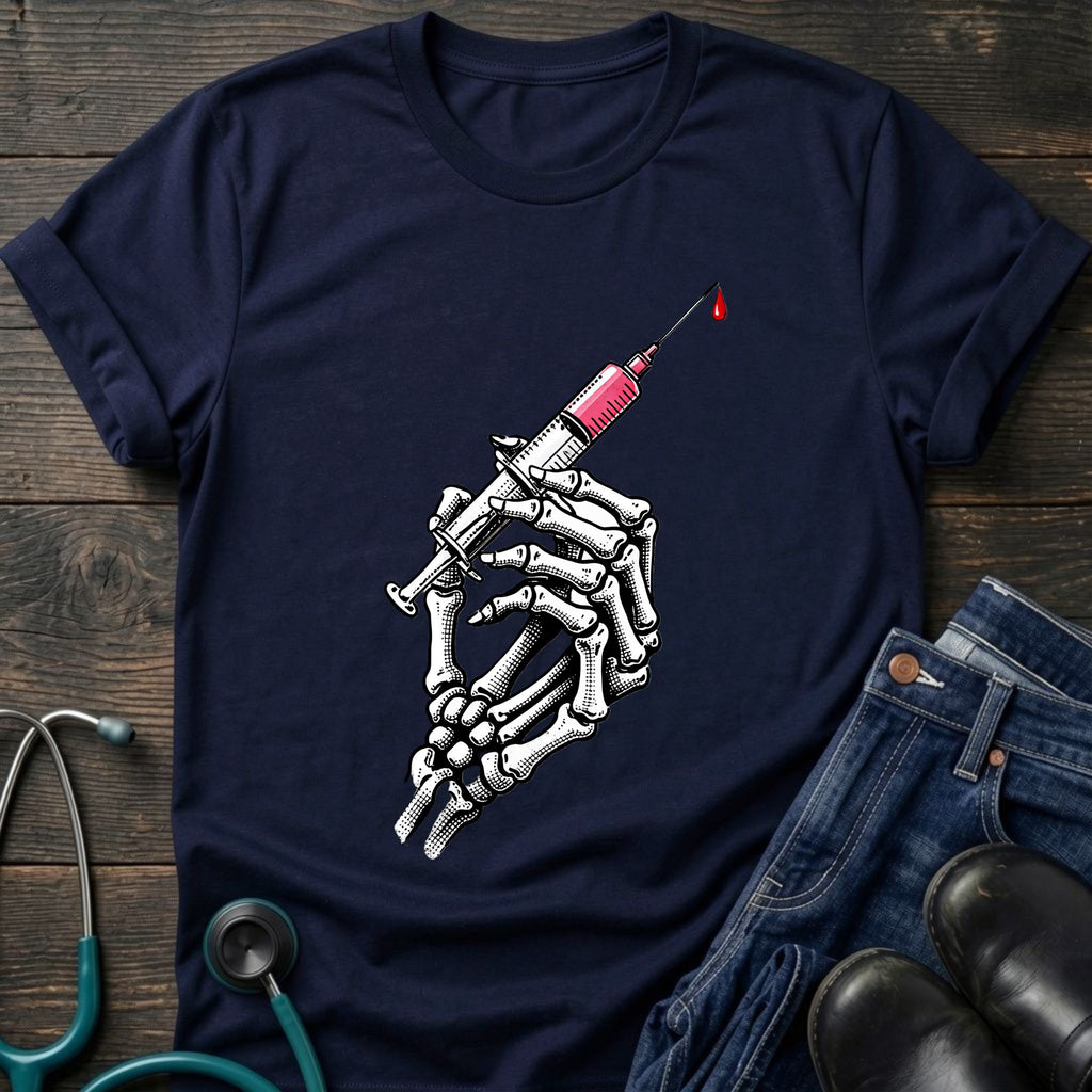 Gothic Medical Skeleton Hand Syringe Tattoo Nurse Tee