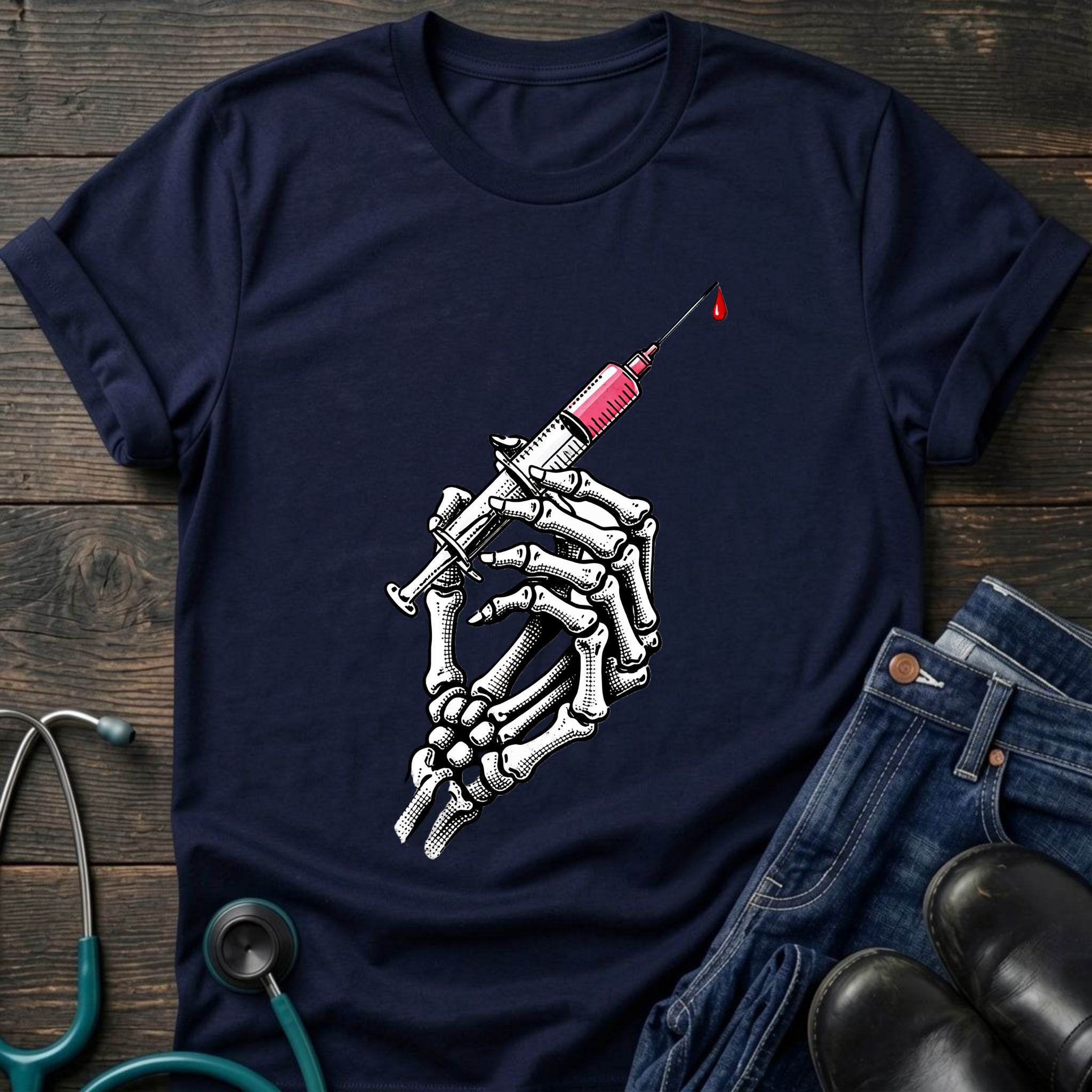 Gothic Medical Skeleton Hand Syringe Tattoo Nurse Tee