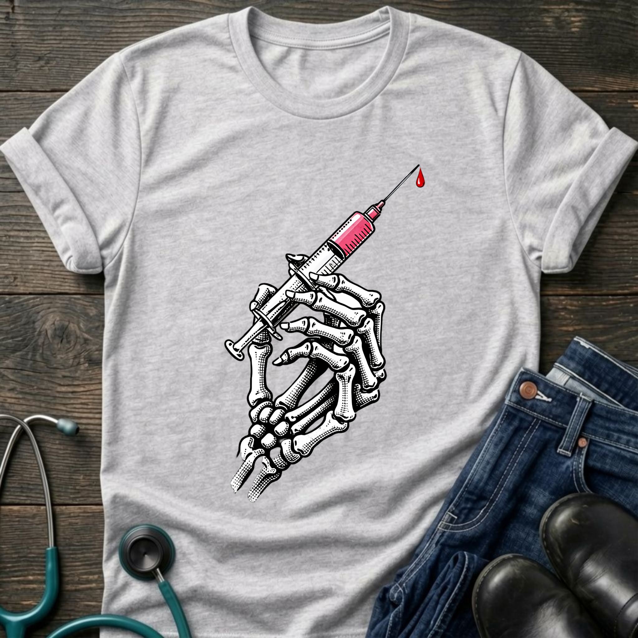 Gothic Medical Skeleton Hand Syringe Tattoo Nurse Tee