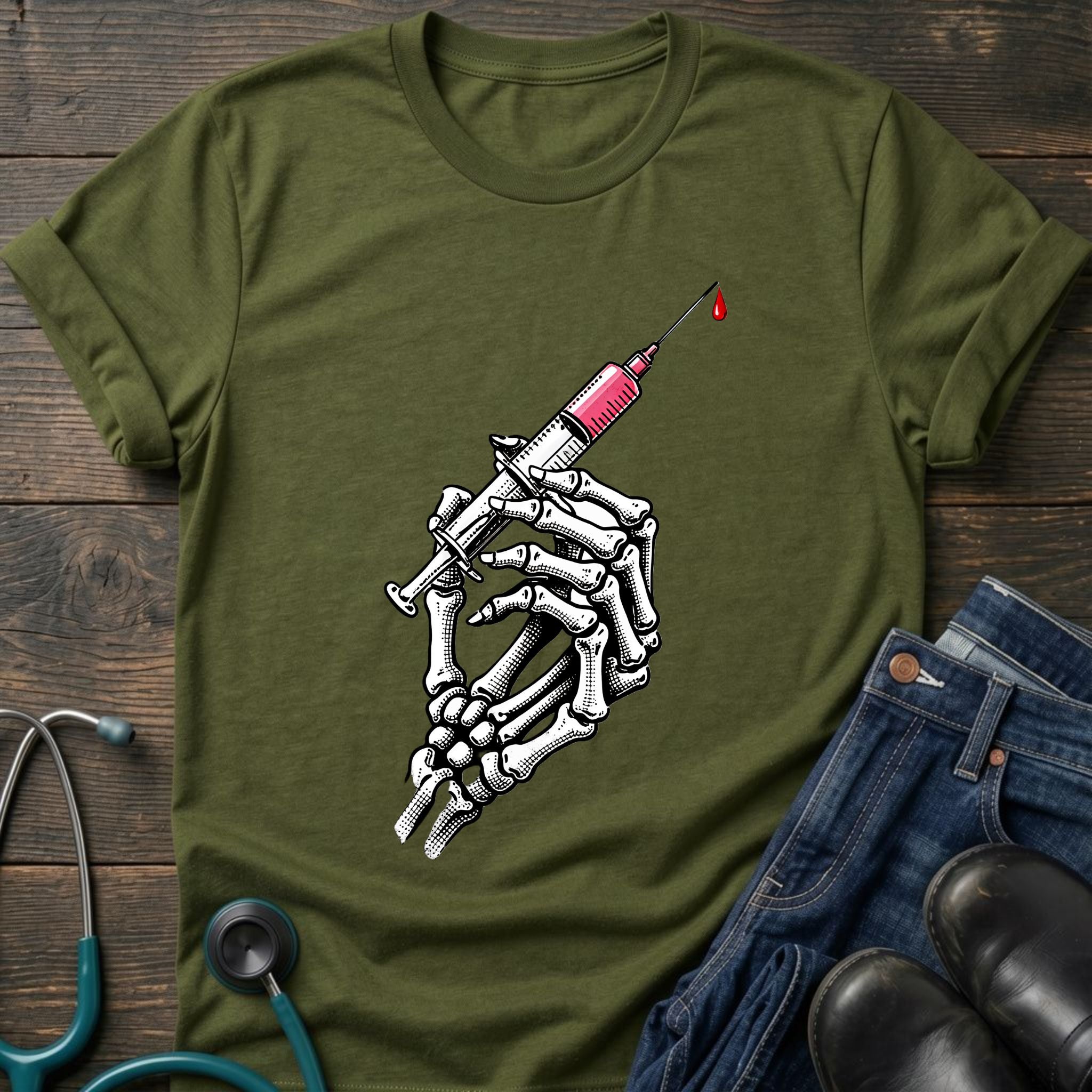 Gothic Medical Skeleton Hand Syringe Tattoo Nurse Tee