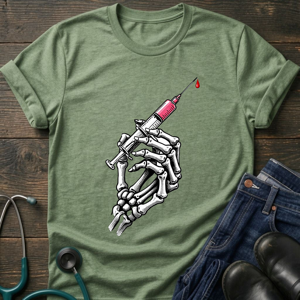 Gothic Medical Skeleton Hand Syringe Tattoo Nurse Tee