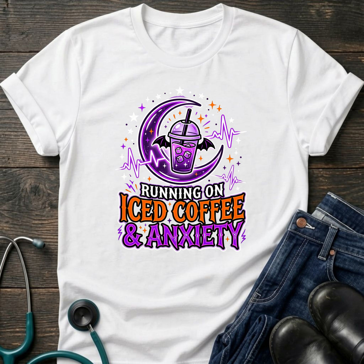Iced Coffee and Anxiety Purple Boba Moon Nurse Tee