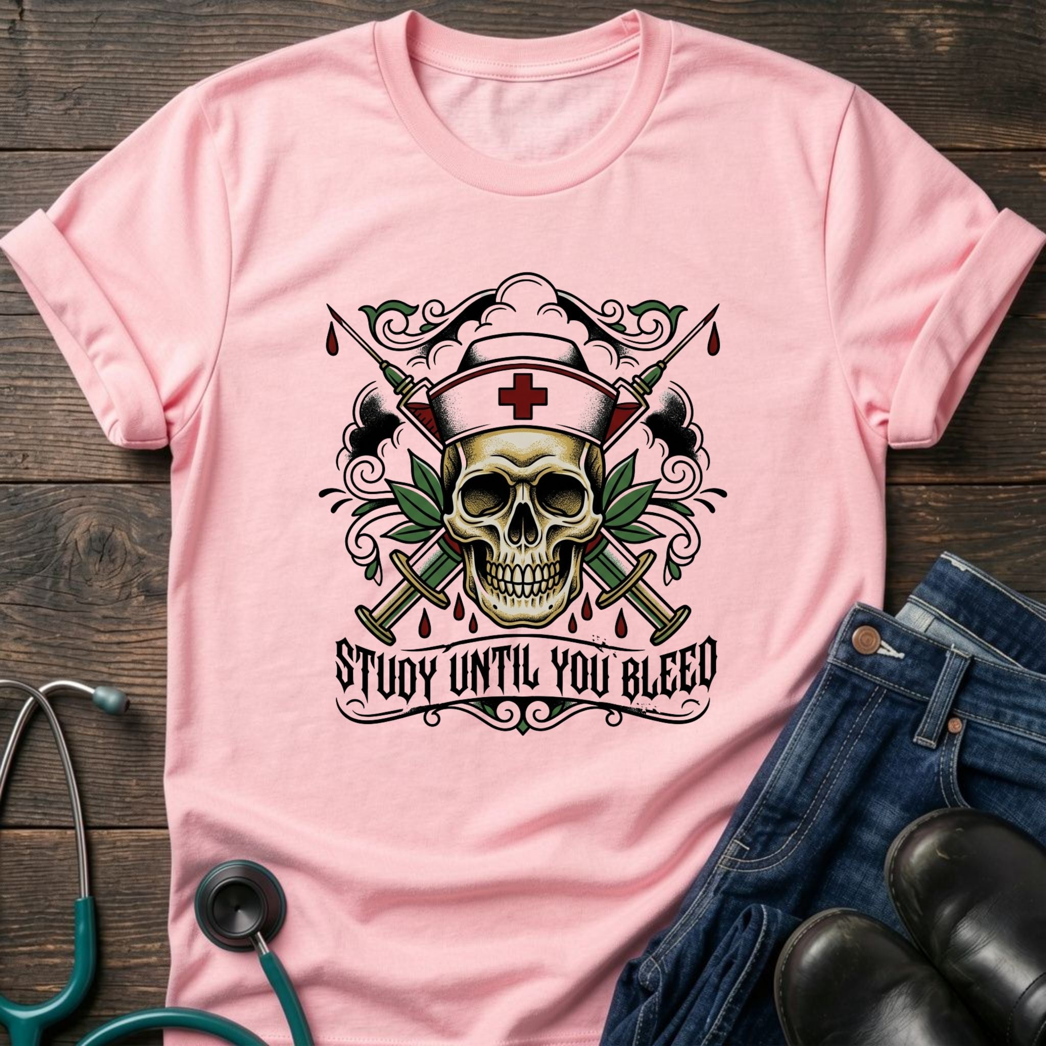 Study Until You Bleed Gothic Nurse Skull Tee