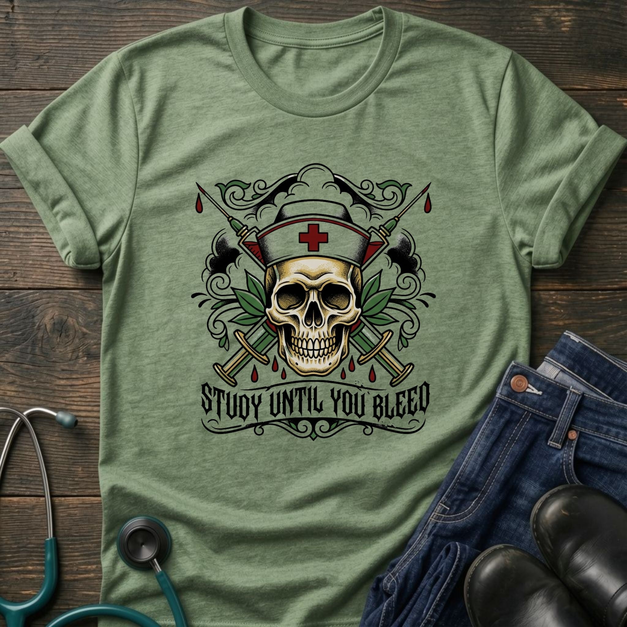 Study Until You Bleed Gothic Nurse Skull Tee