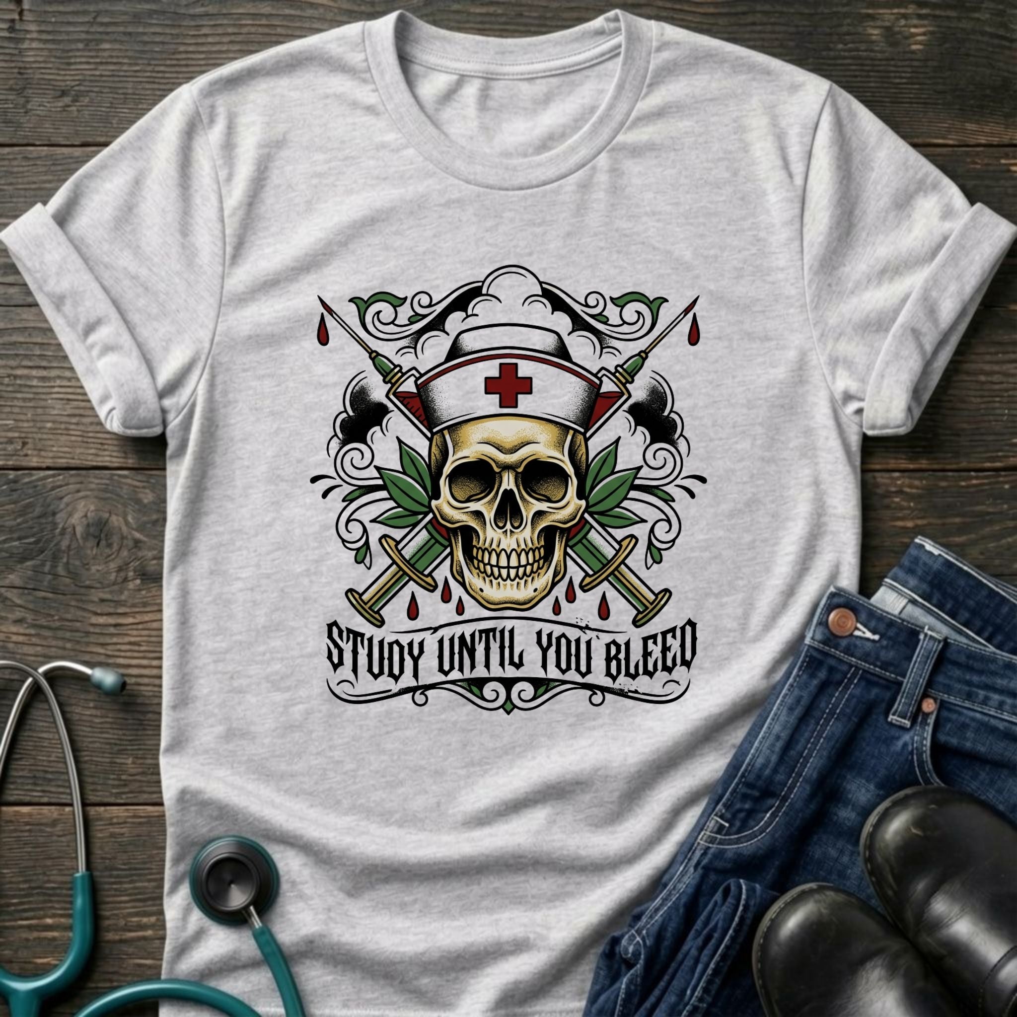 Study Until You Bleed Gothic Nurse Skull Tee