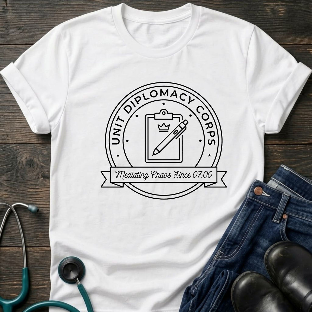 Unit Diplomacy Corps Nurse Tee — Mediating Chaos Since 07:00