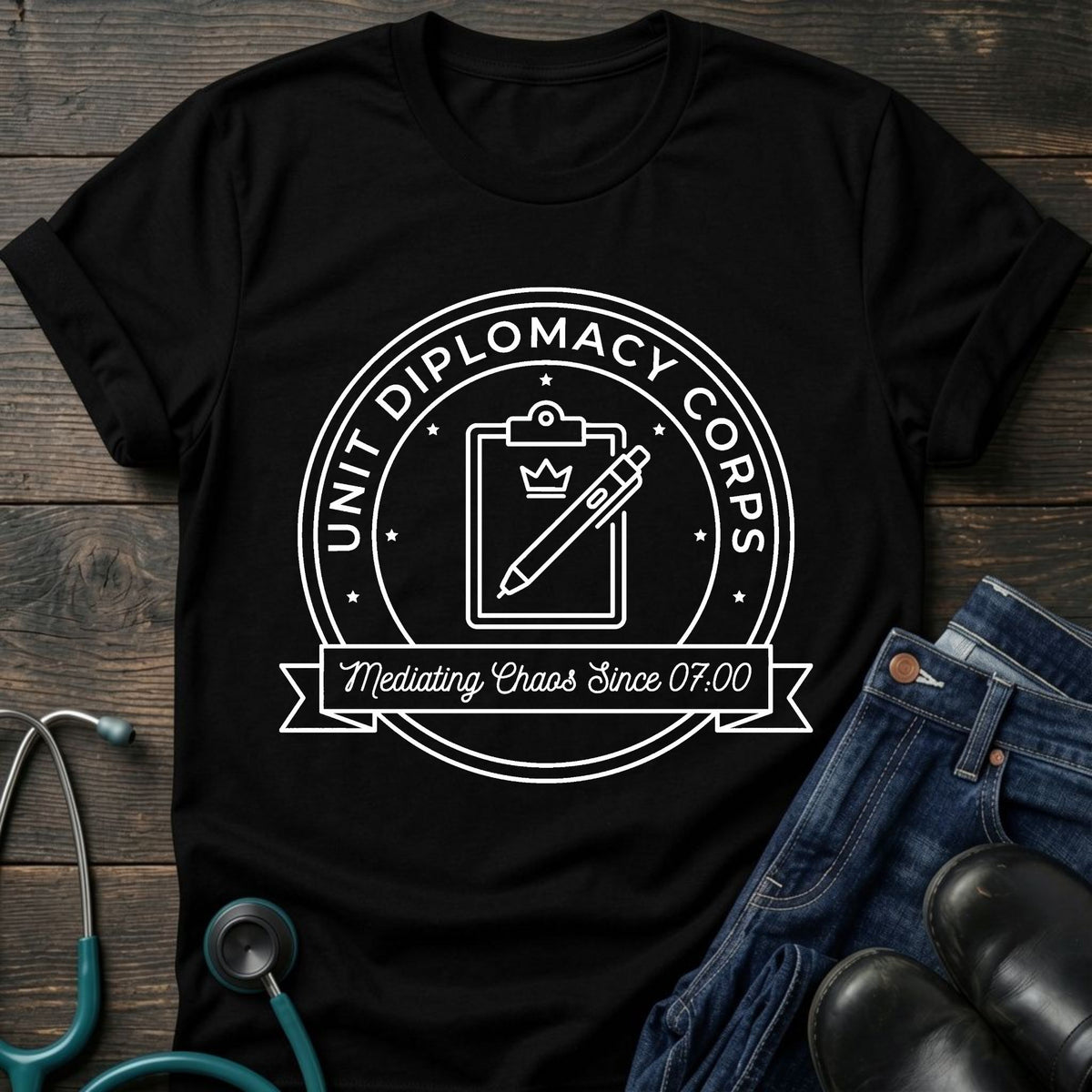 Unit Diplomacy Corps Nurse Tee — Mediating Chaos Since 07:00