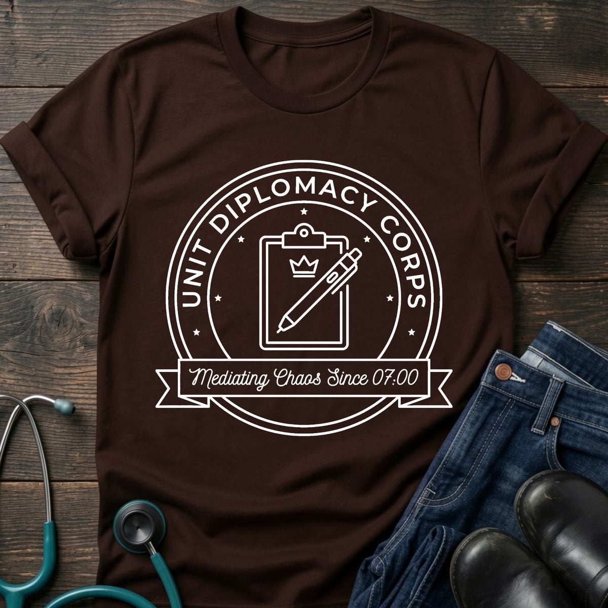 Unit Diplomacy Corps Nurse Tee — Mediating Chaos Since 07:00