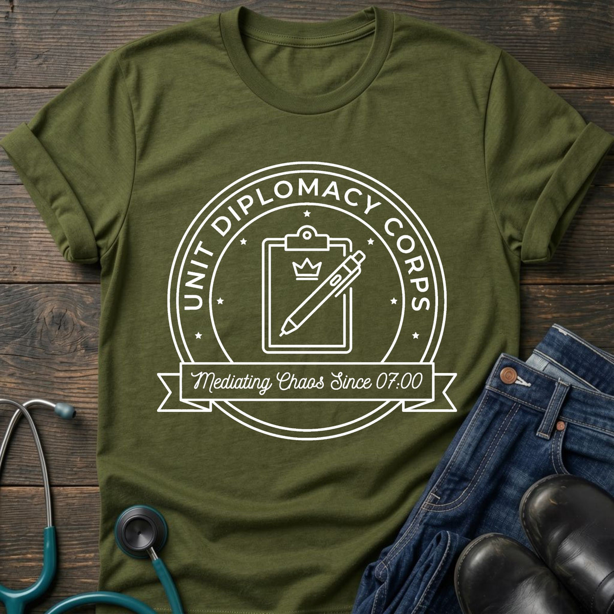 Unit Diplomacy Corps Nurse Tee — Mediating Chaos Since 07:00