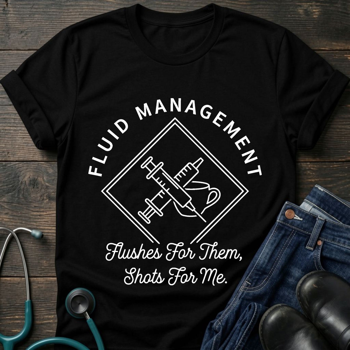 Nurse IV Fluid Management Tee — Flushes for Them, Shots for Me