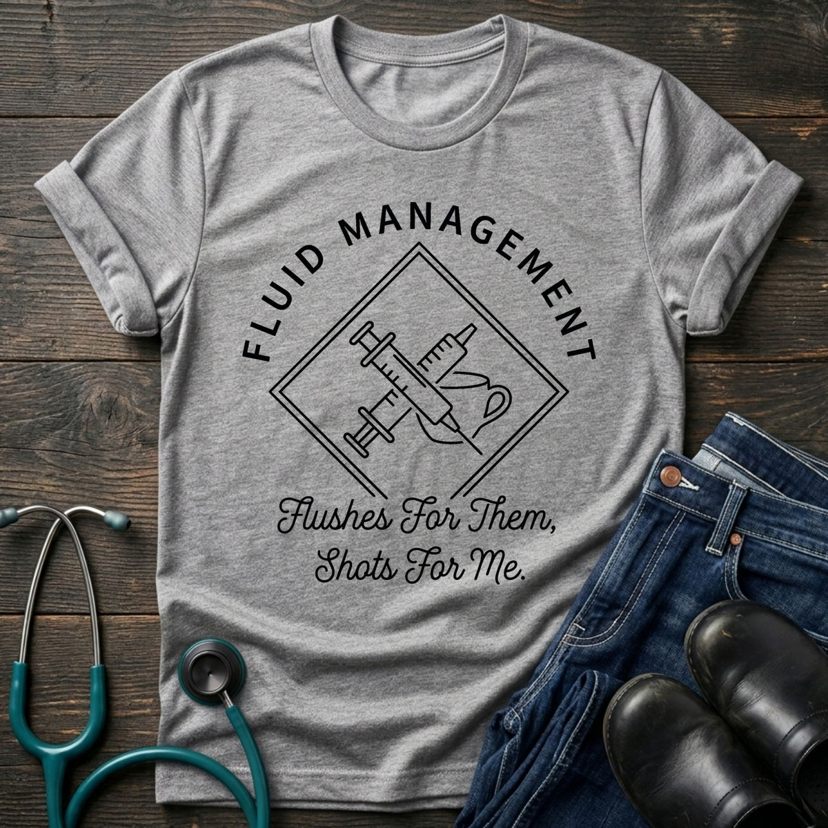 Nurse IV Fluid Management Tee — Flushes for Them, Shots for Me