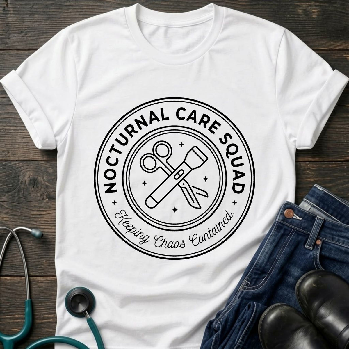 Nocturnal Care Squad Nurse Tee — Keeping Chaos Contained