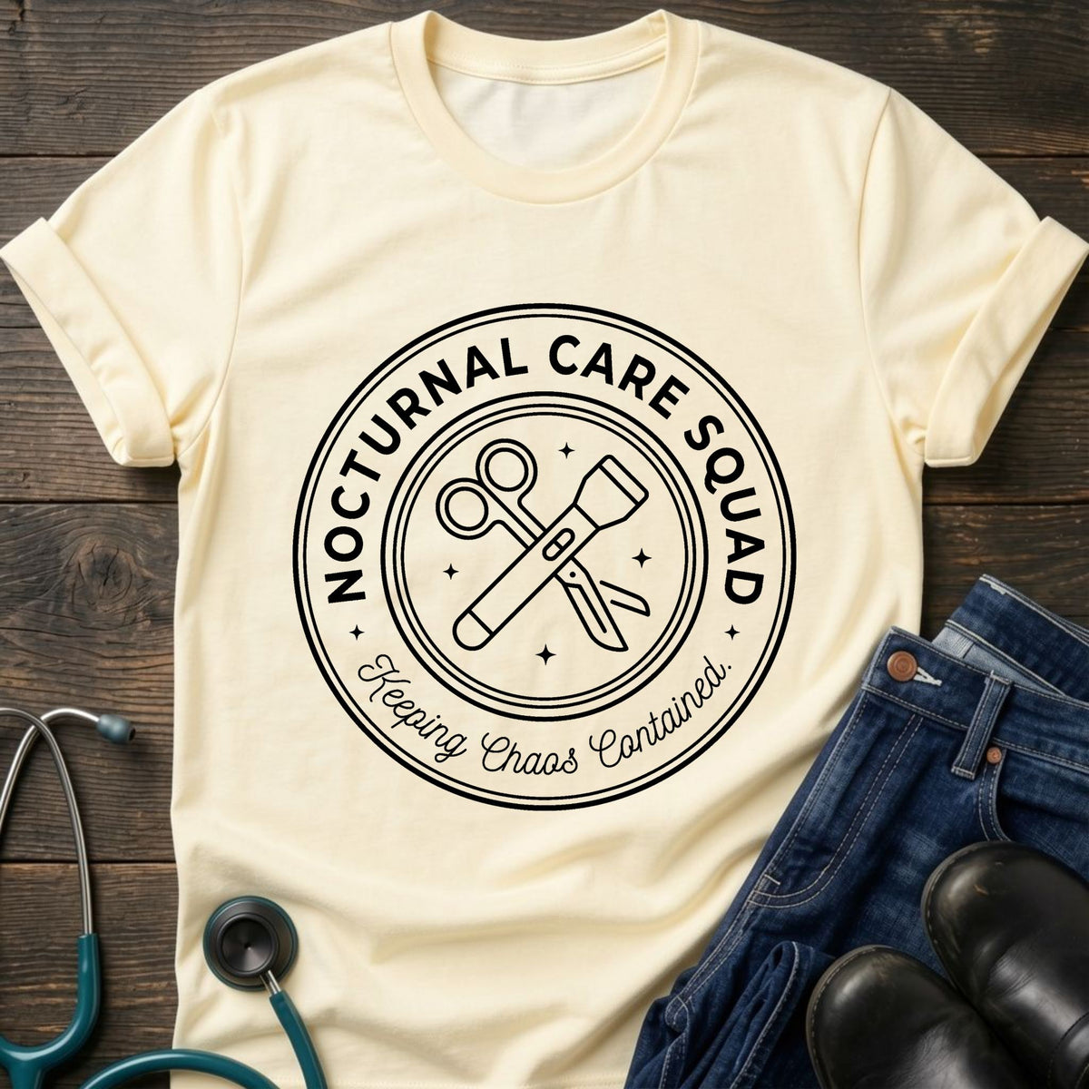 Nocturnal Care Squad Nurse Tee — Keeping Chaos Contained