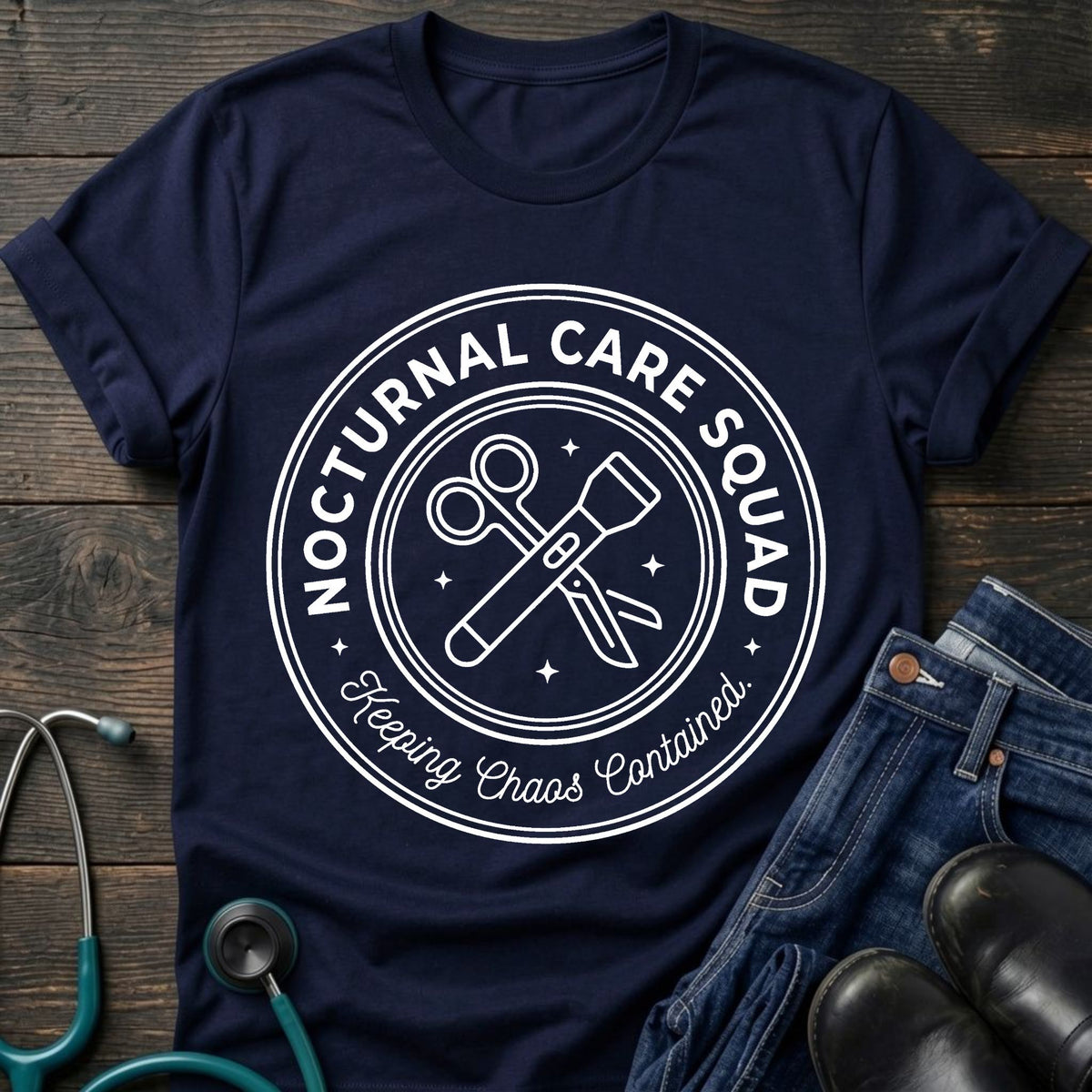 Nocturnal Care Squad Nurse Tee — Keeping Chaos Contained