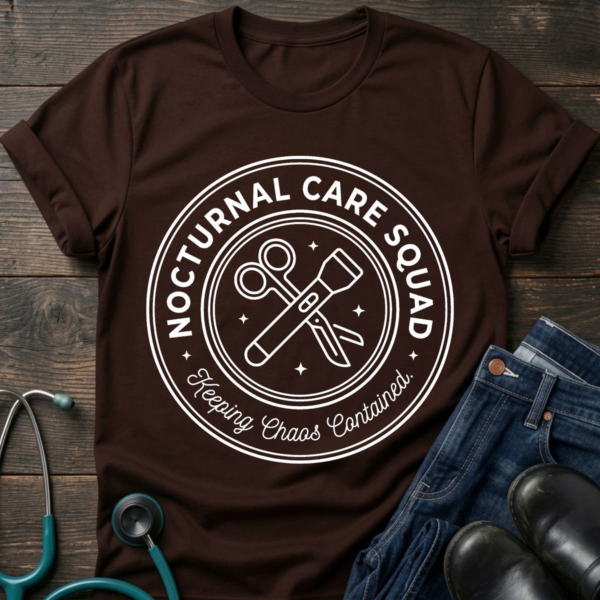Nocturnal Care Squad Nurse Tee — Keeping Chaos Contained