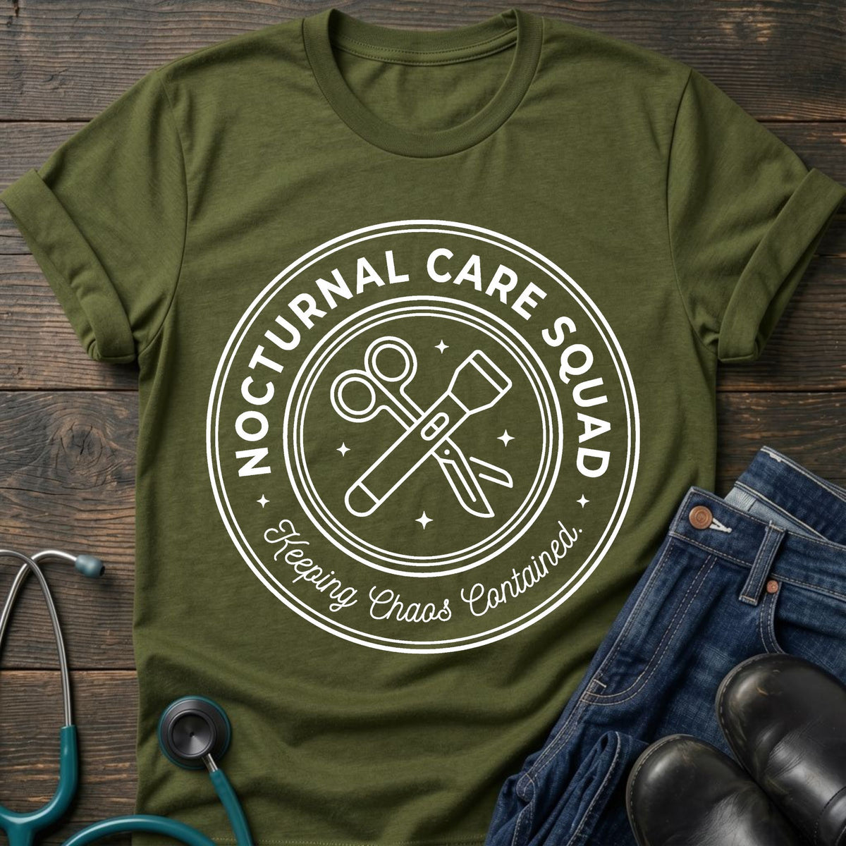 Nocturnal Care Squad Nurse Tee — Keeping Chaos Contained