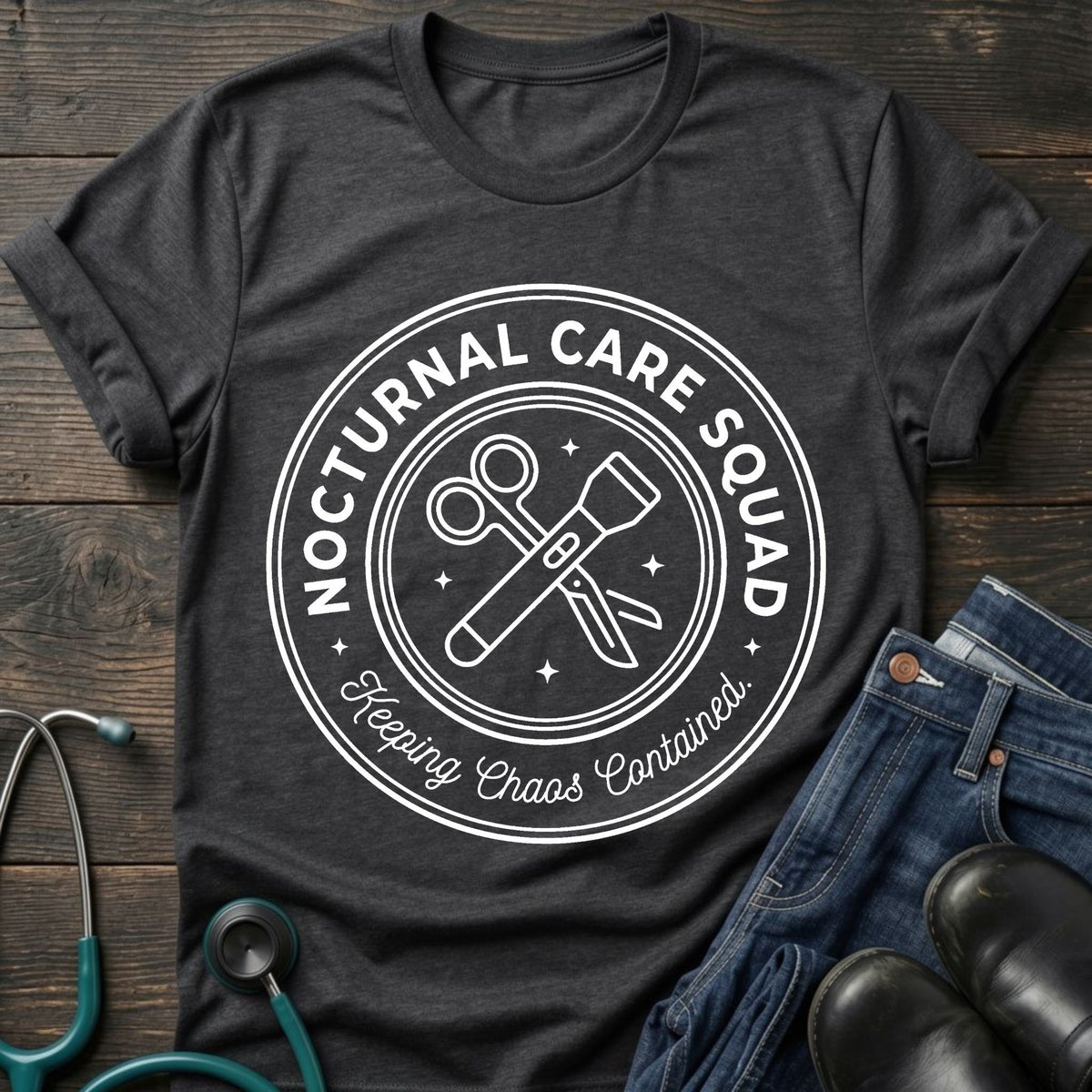 Nocturnal Care Squad Nurse Tee — Keeping Chaos Contained
