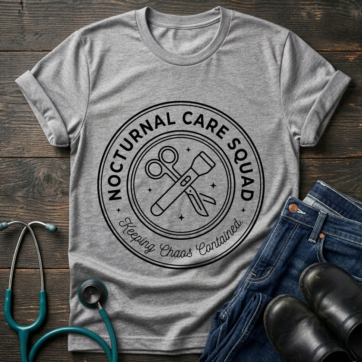 Nocturnal Care Squad Nurse Tee — Keeping Chaos Contained