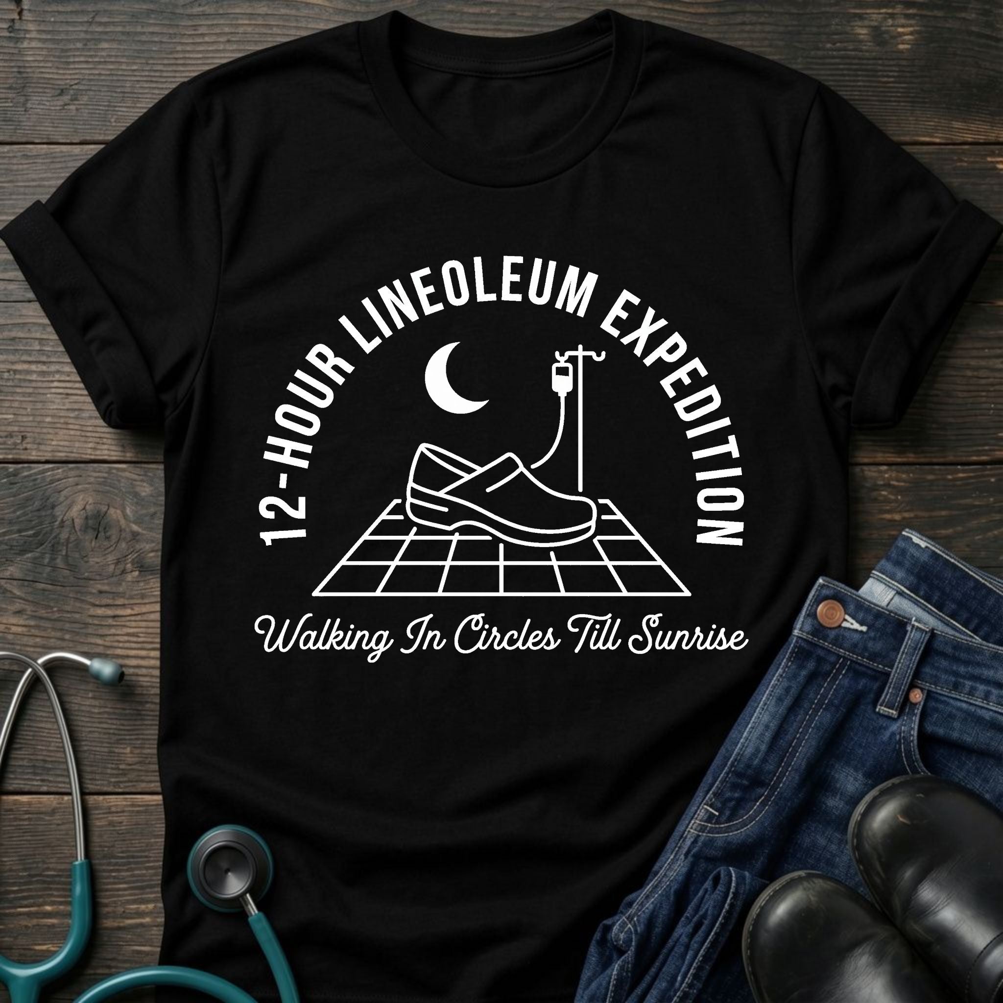 12-Hour Linoleum Expedition Nurse Tee — Walking in Circles Till Sunrise
