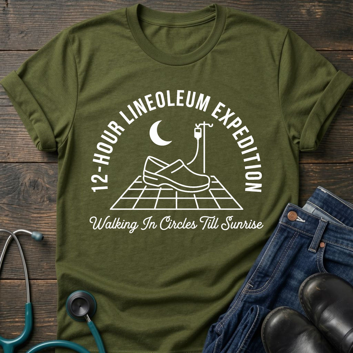 12-Hour Linoleum Expedition Nurse Tee — Walking in Circles Till Sunrise