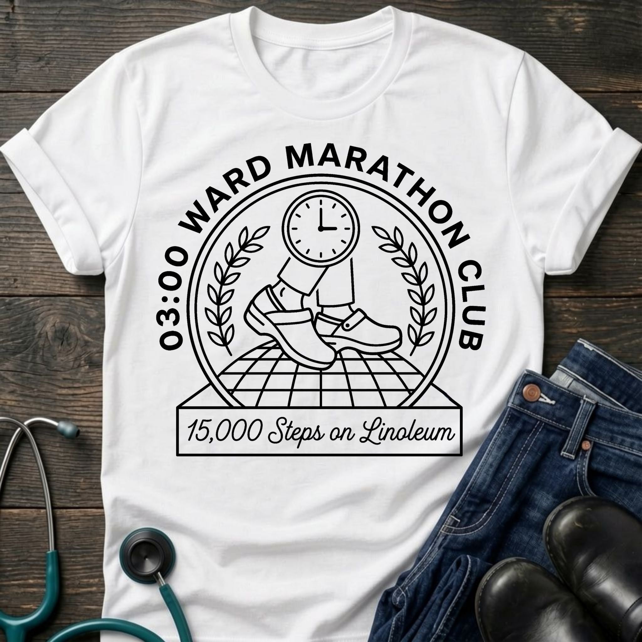 03:00 Ward Marathon Club Nurse Tee — 15,000 Steps on Linoleum