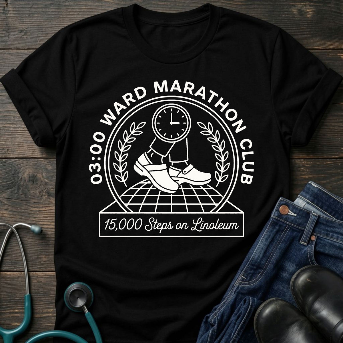 03:00 Ward Marathon Club Nurse Tee — 15,000 Steps on Linoleum