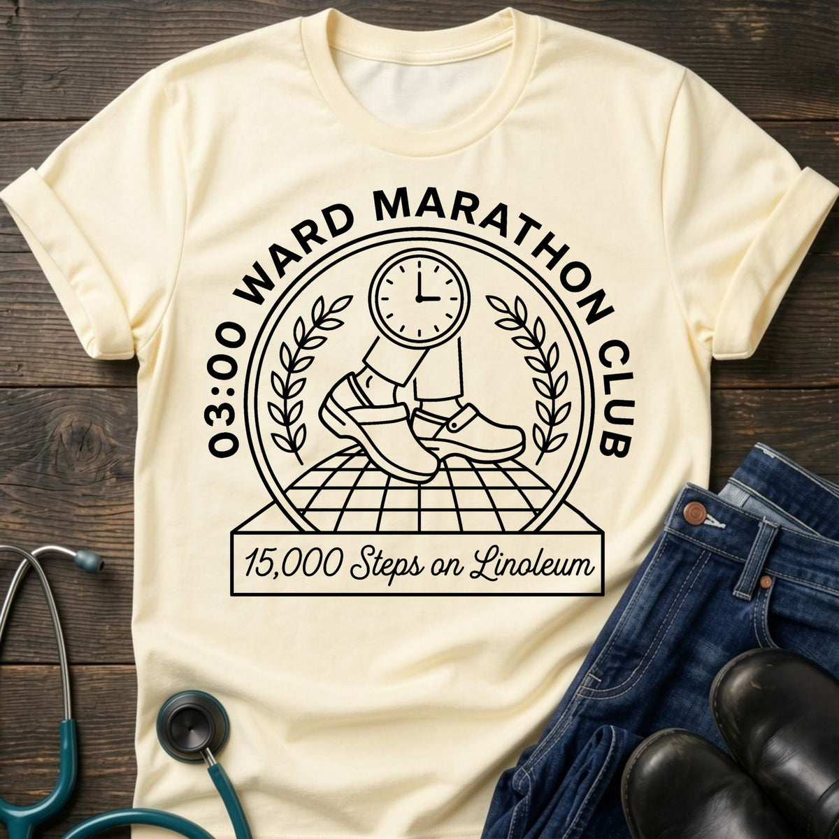 03:00 Ward Marathon Club Nurse Tee — 15,000 Steps on Linoleum
