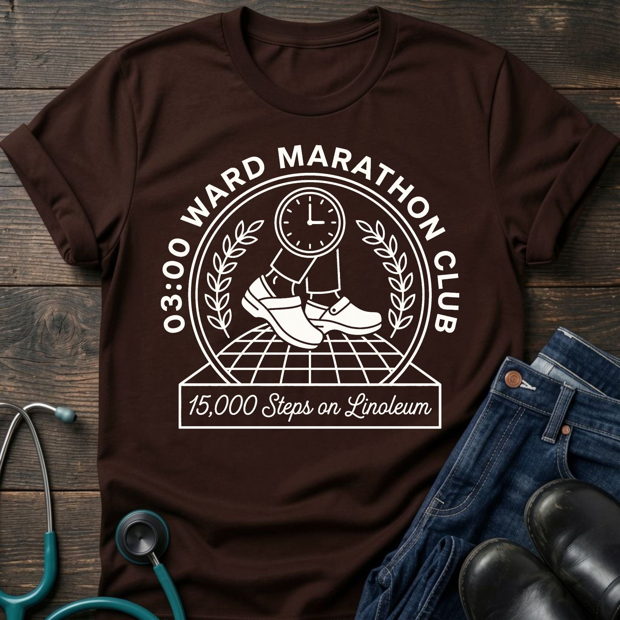 03:00 Ward Marathon Club Nurse Tee — 15,000 Steps on Linoleum