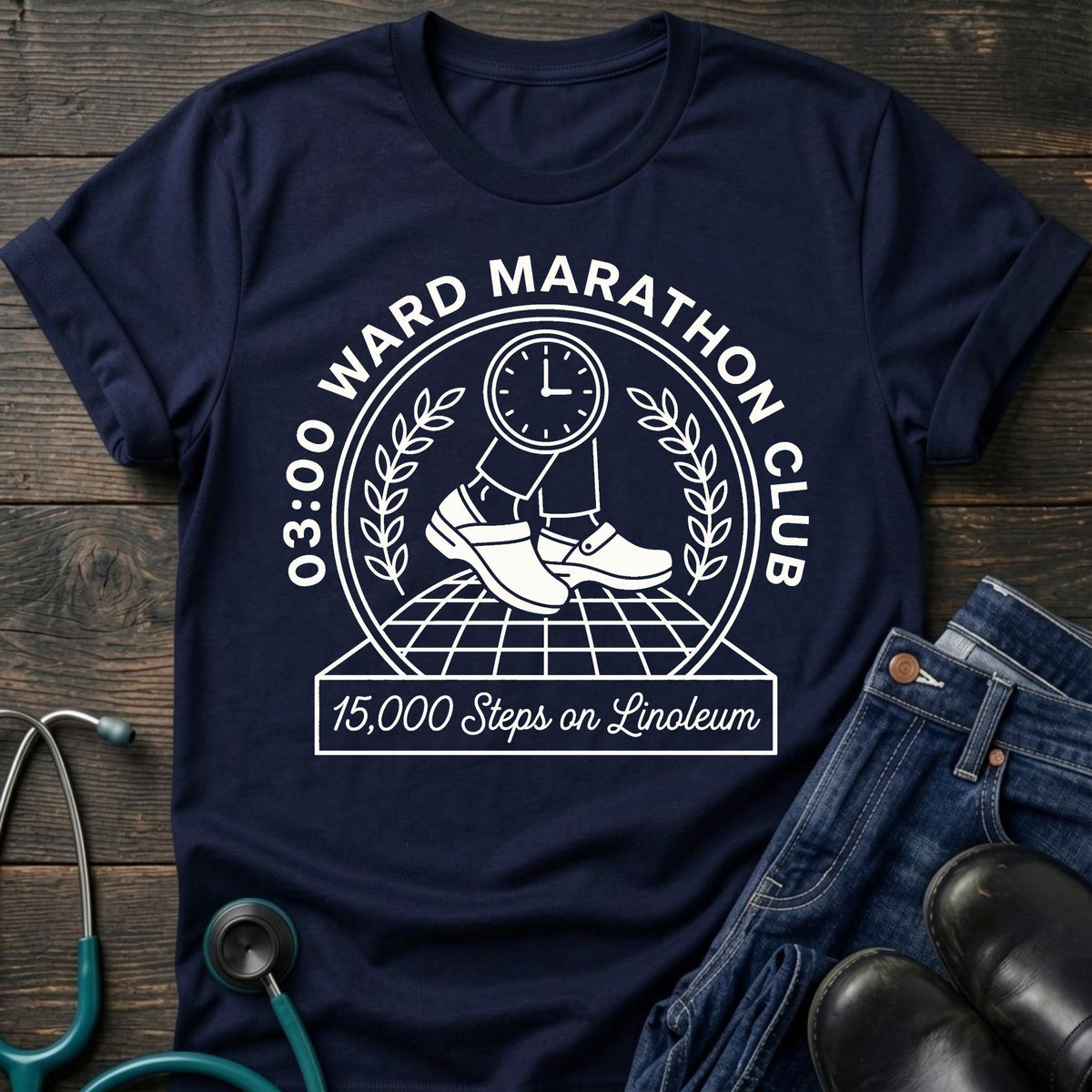 03:00 Ward Marathon Club Nurse Tee — 15,000 Steps on Linoleum