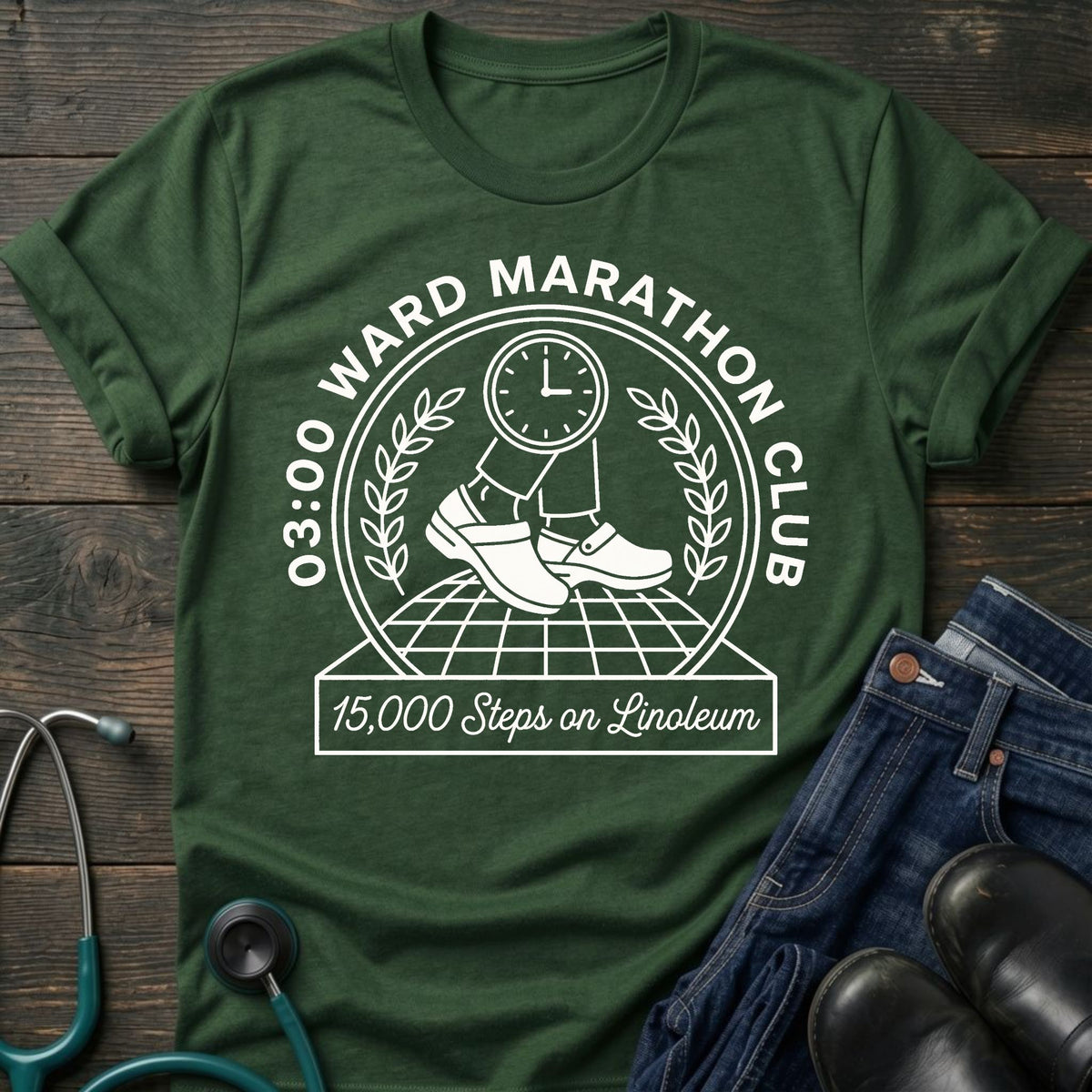 03:00 Ward Marathon Club Nurse Tee — 15,000 Steps on Linoleum